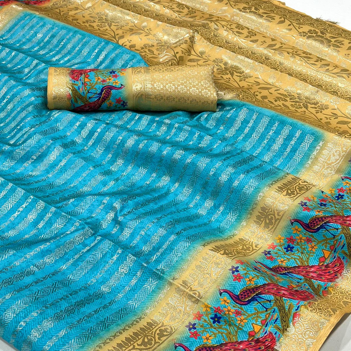 Blue Woven With Digital Printed Raw Silk Saree