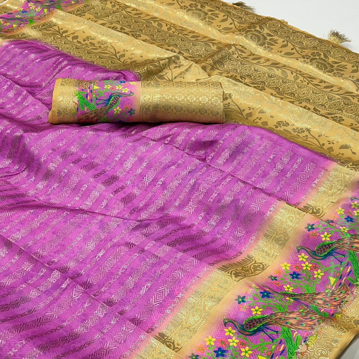 Purple Woven With Digital Printed Raw Silk Saree