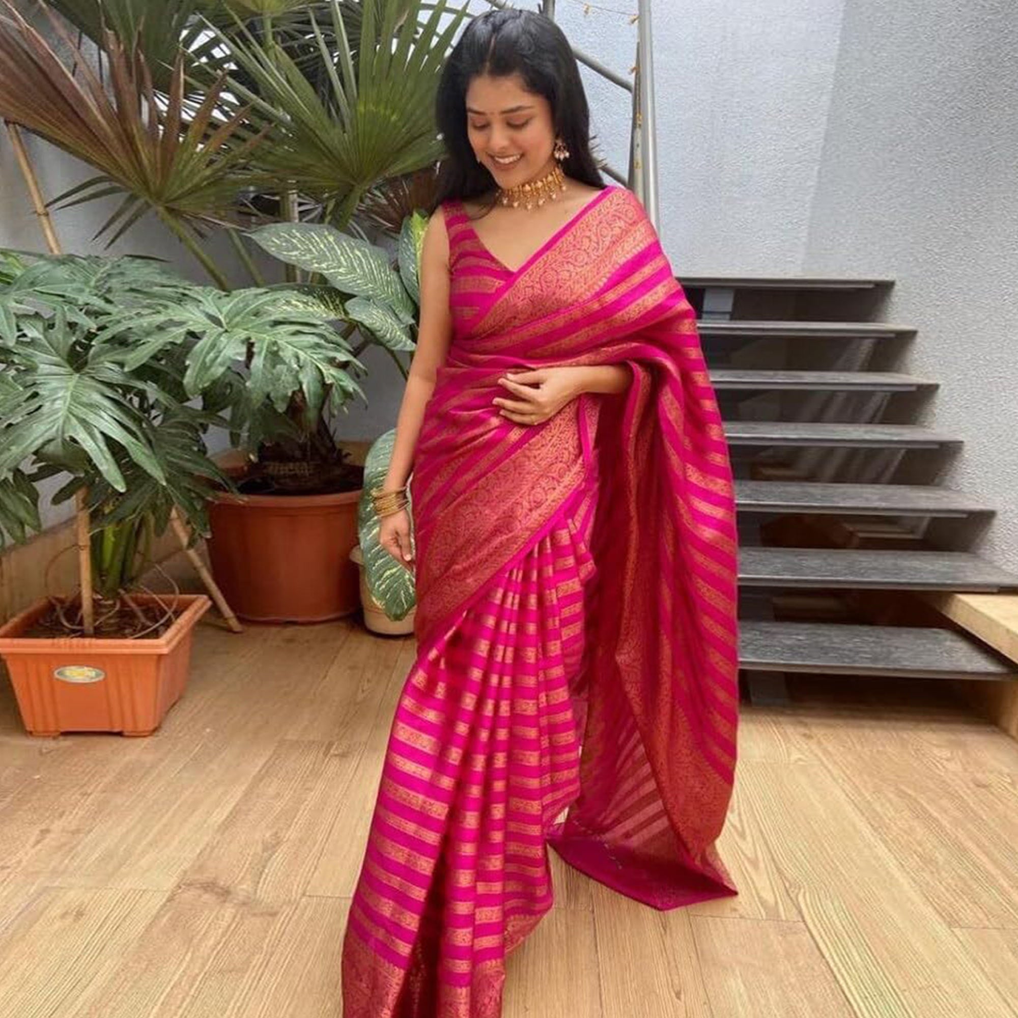 Pink Woven Banarasi Silk Saree with Tassels