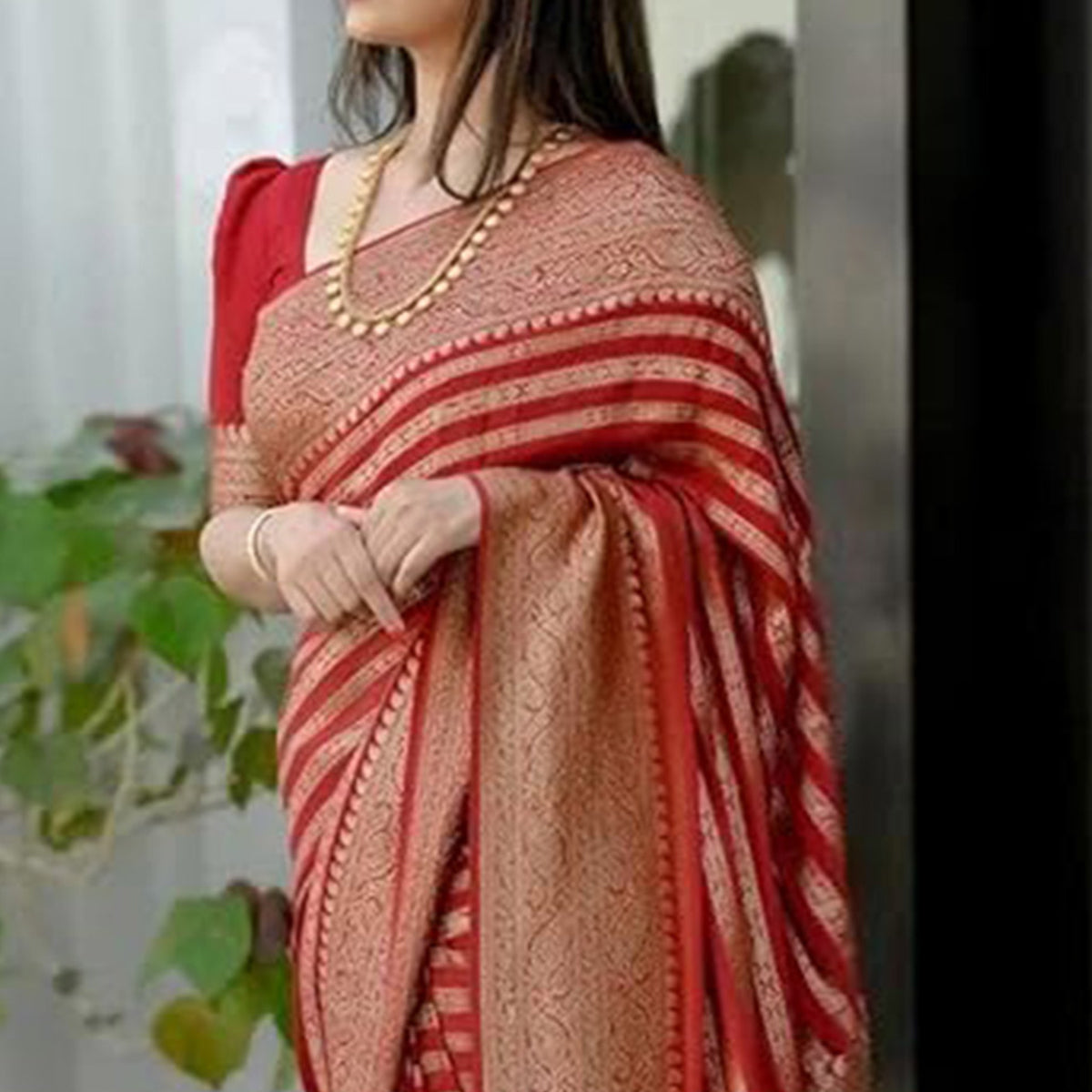 Red Woven Banarasi Silk Saree with Tassels