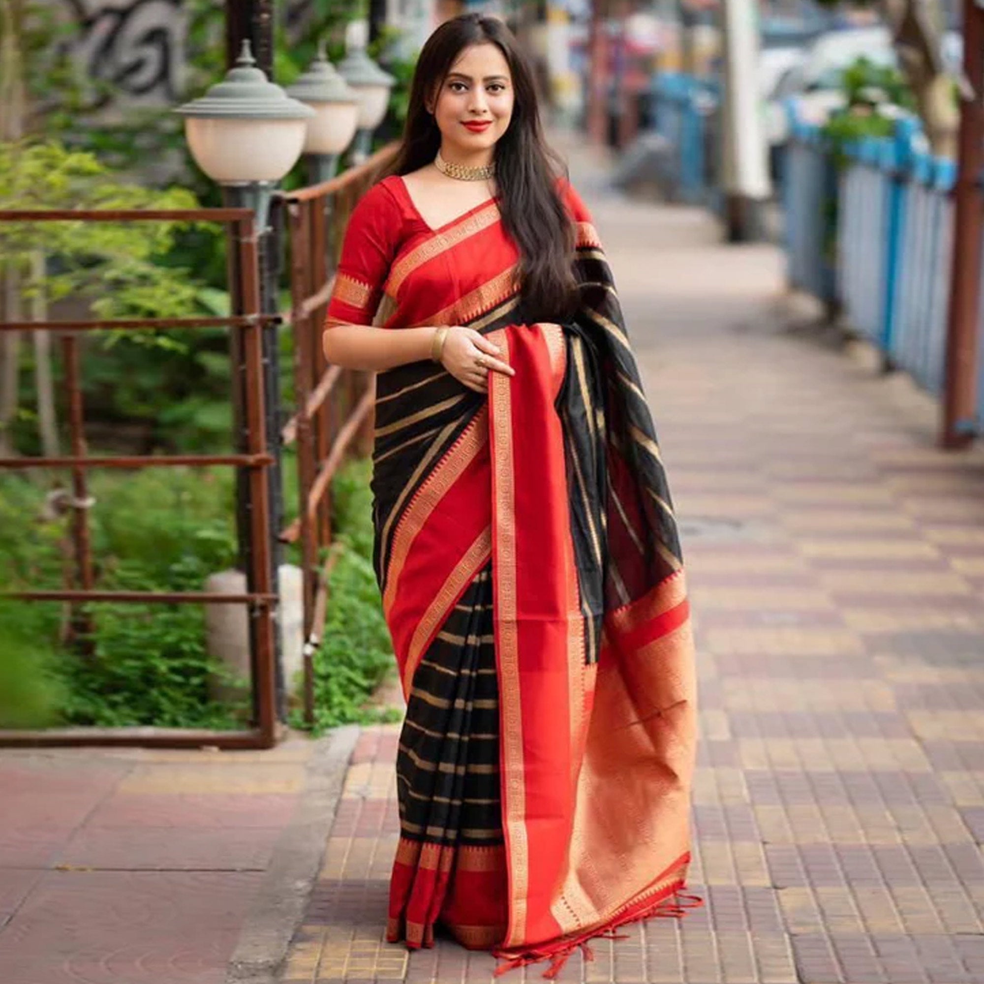 Black Woven Banarasi Silk Saree with Tassels