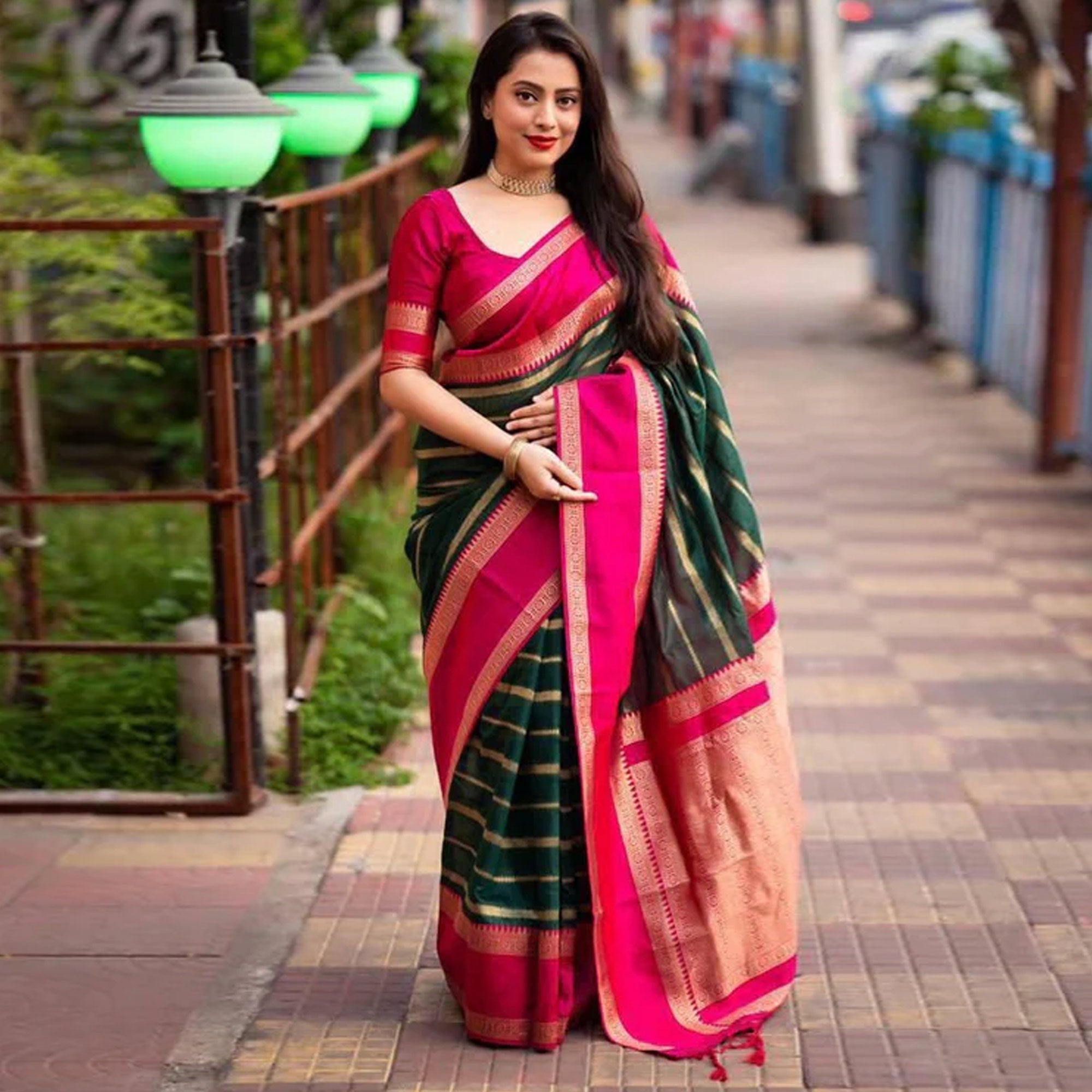 Green Woven Banarasi Silk Saree with Tassels