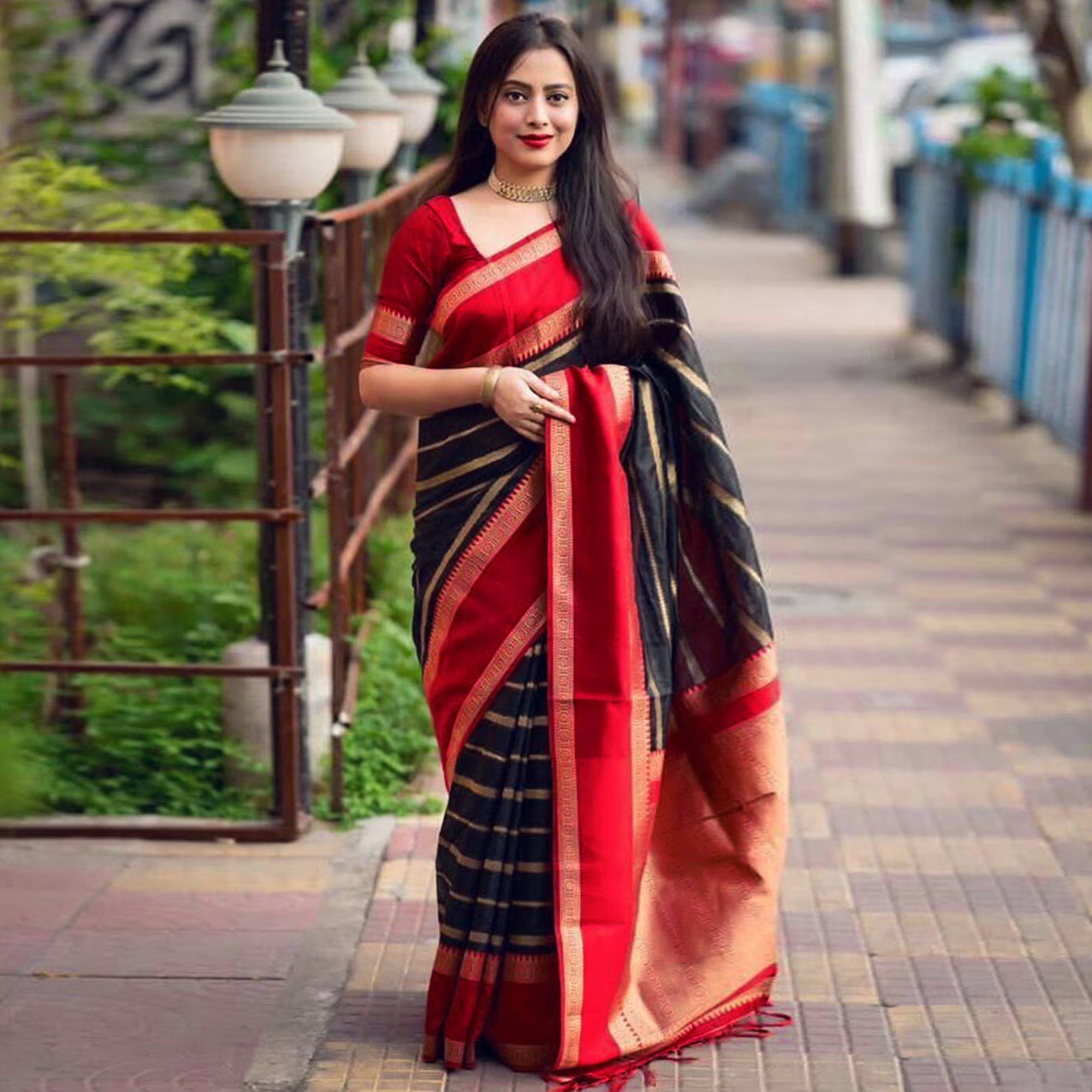 Navy Blue Woven Banarasi Silk Saree with Tassels