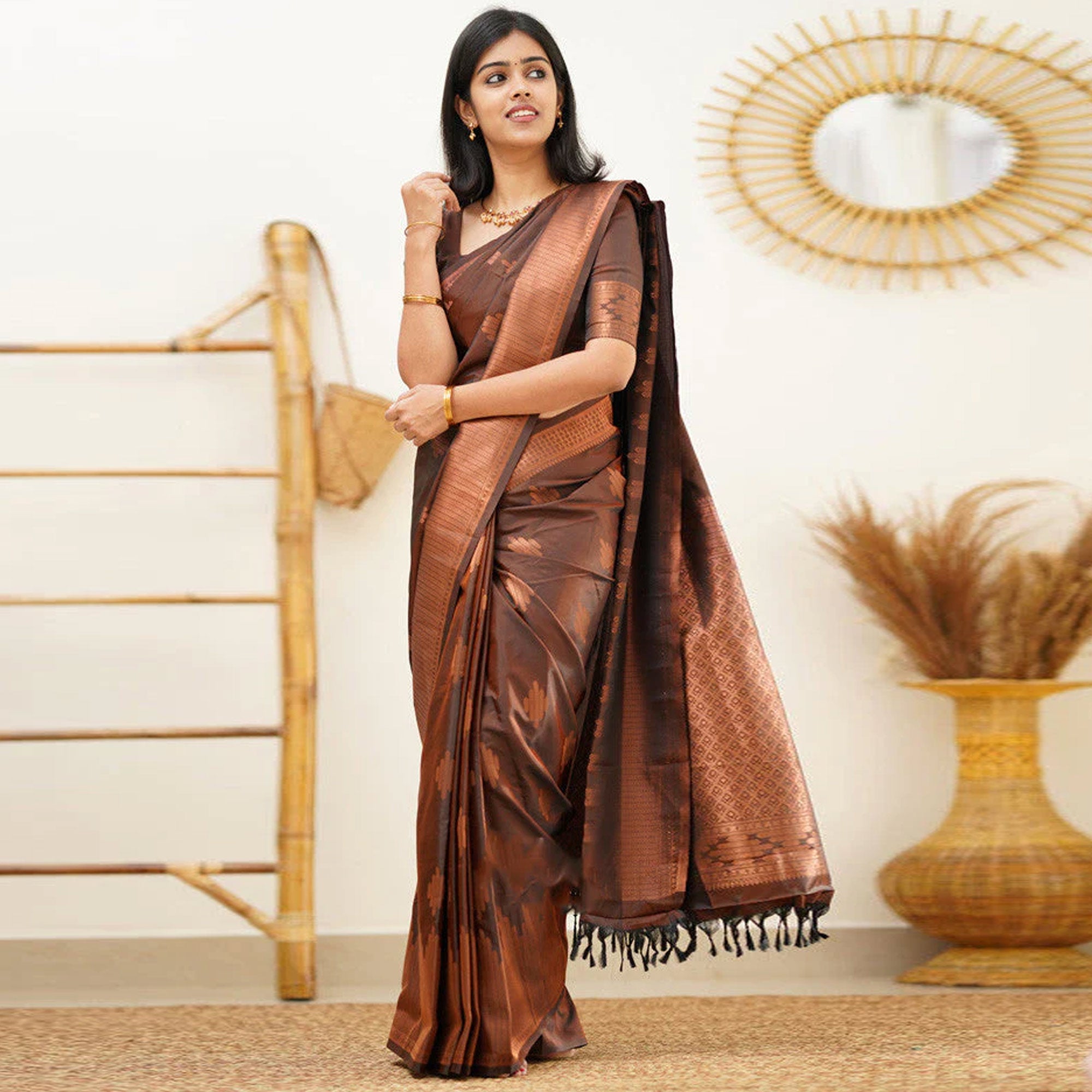 Brown Floral Woven Banarasi Silk Saree