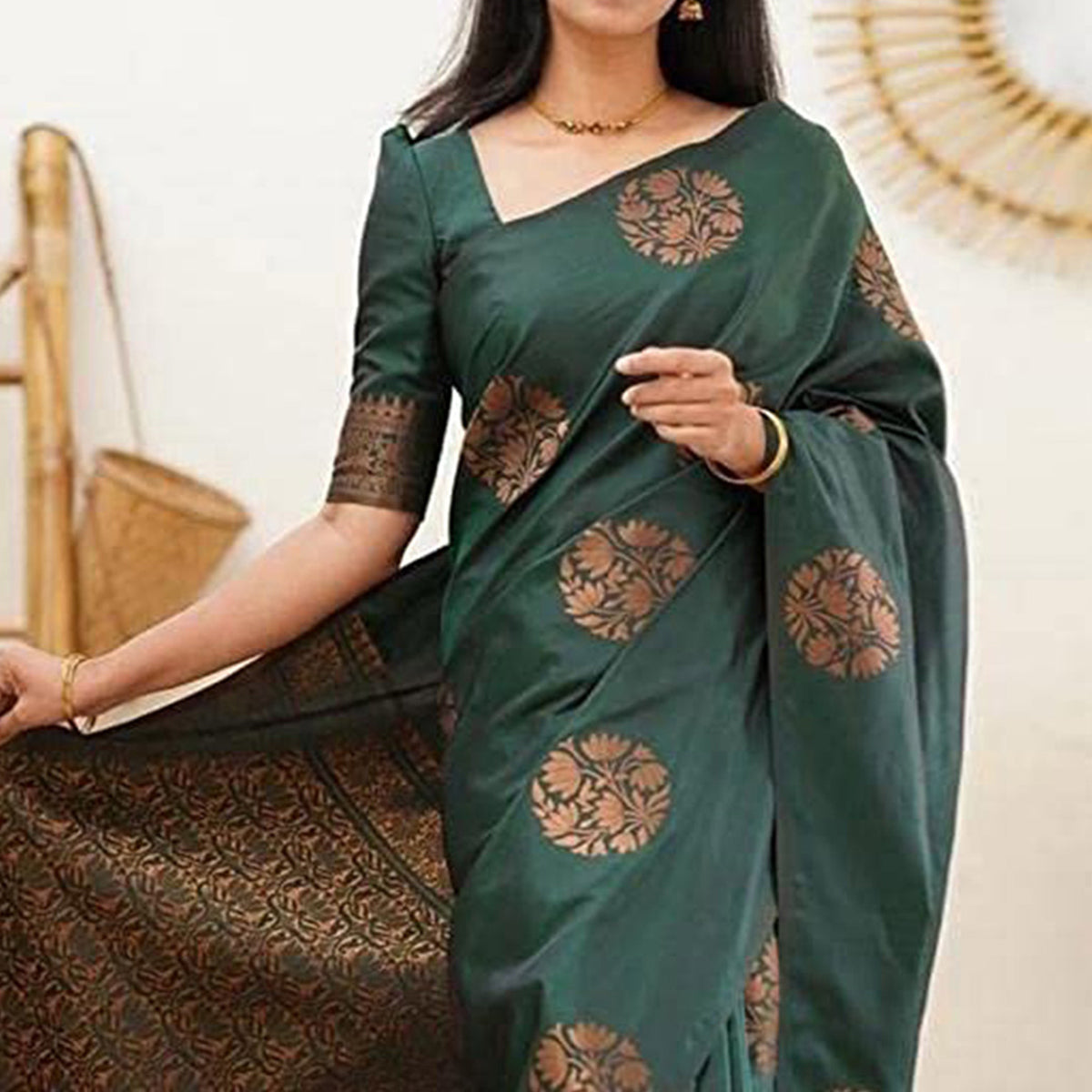 Green Floral Woven Banarasi Silk Saree