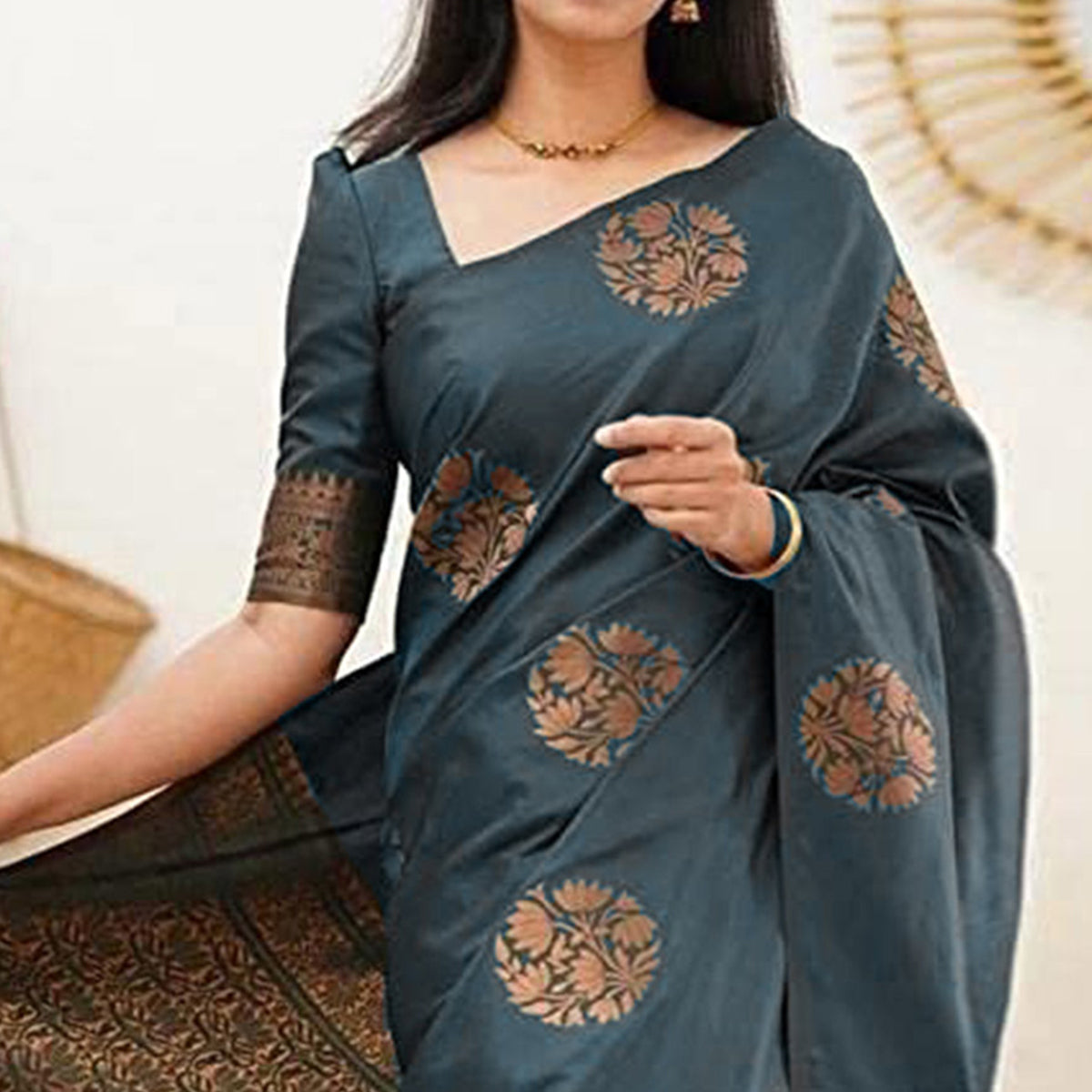 Grey Floral Woven Banarasi Silk Saree