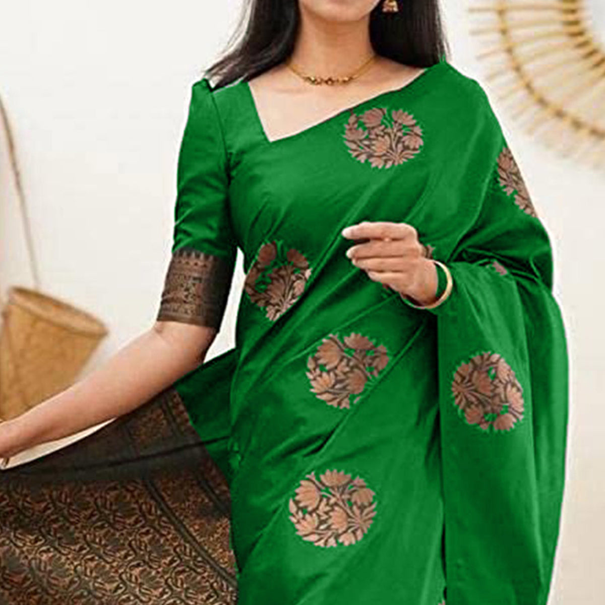 Parrot Green Floral Woven Banarasi Silk Saree