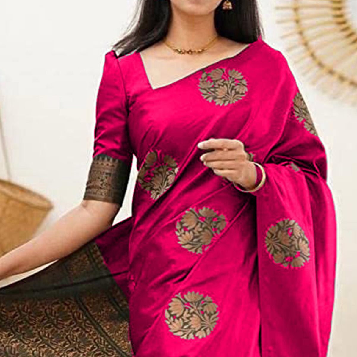 Pink Floral Woven Banarasi Silk Saree