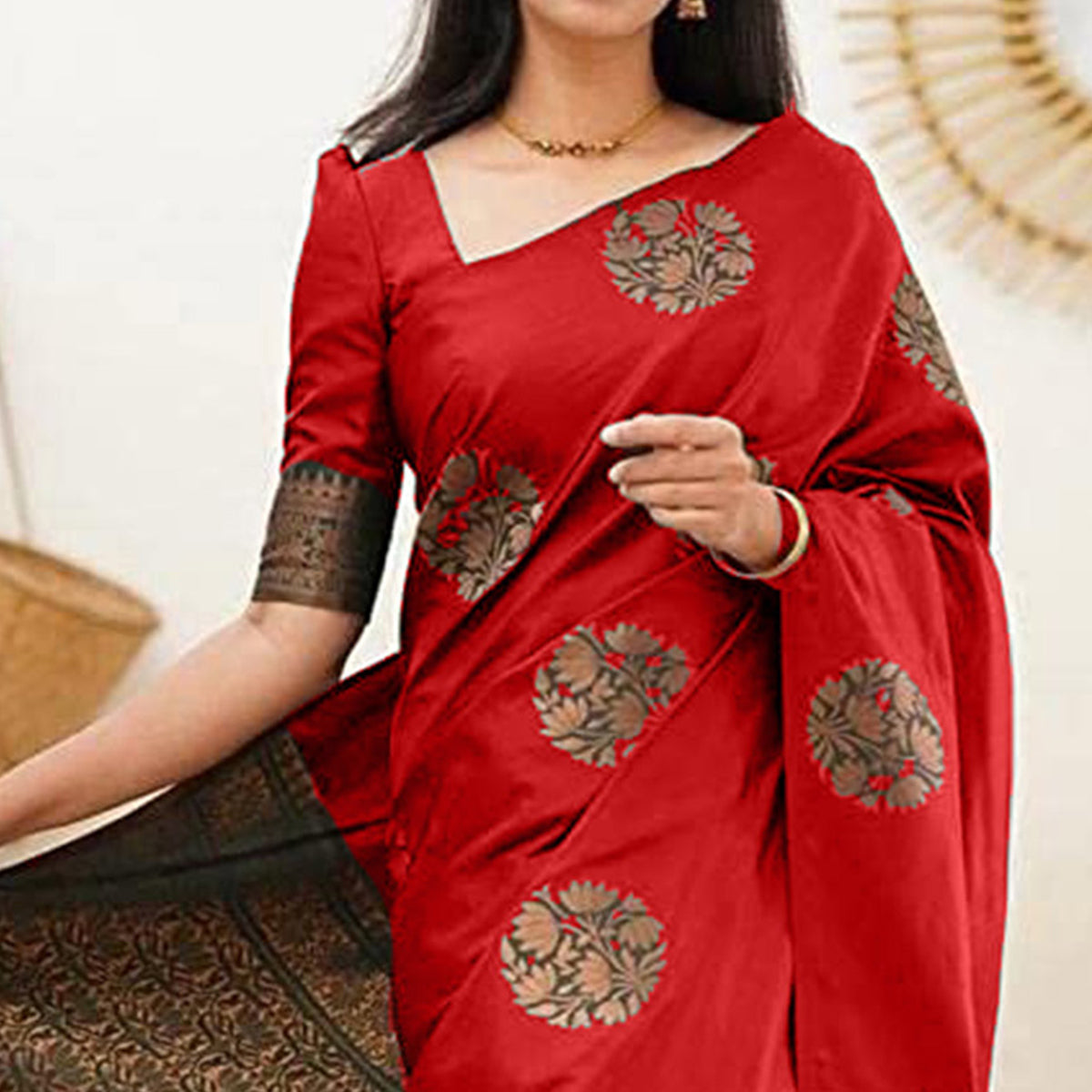 Red Floral Woven Banarasi Silk Saree