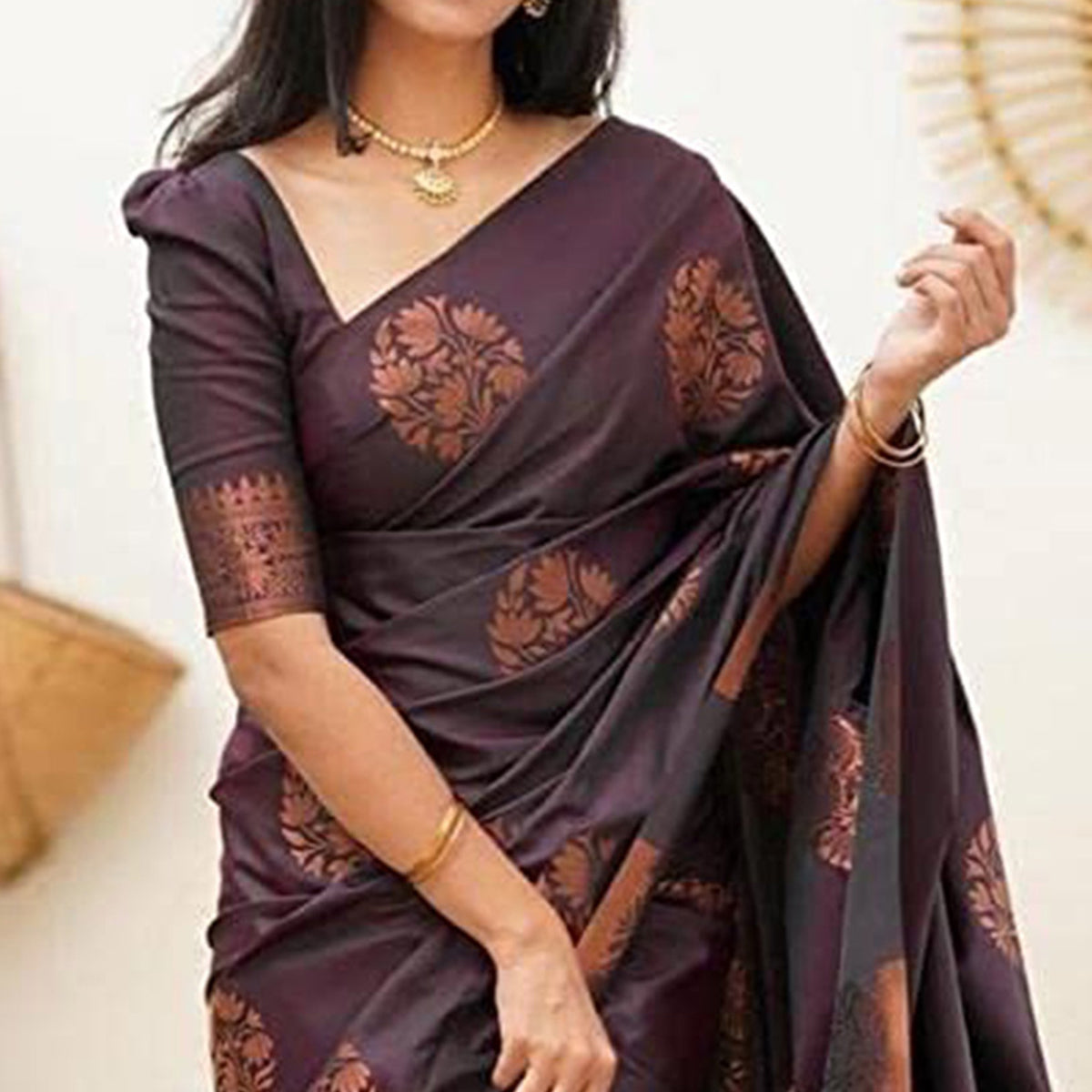 Wine Floral Woven Banarasi Silk Saree