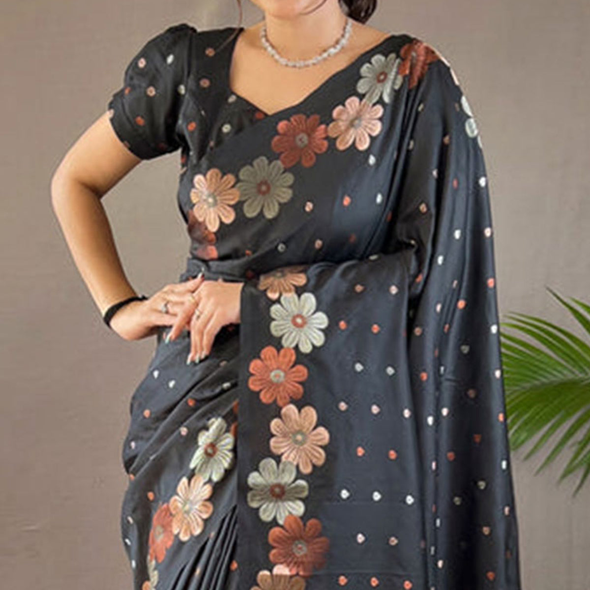 Black Women Floral Woven Kanjivaram Silk Saree