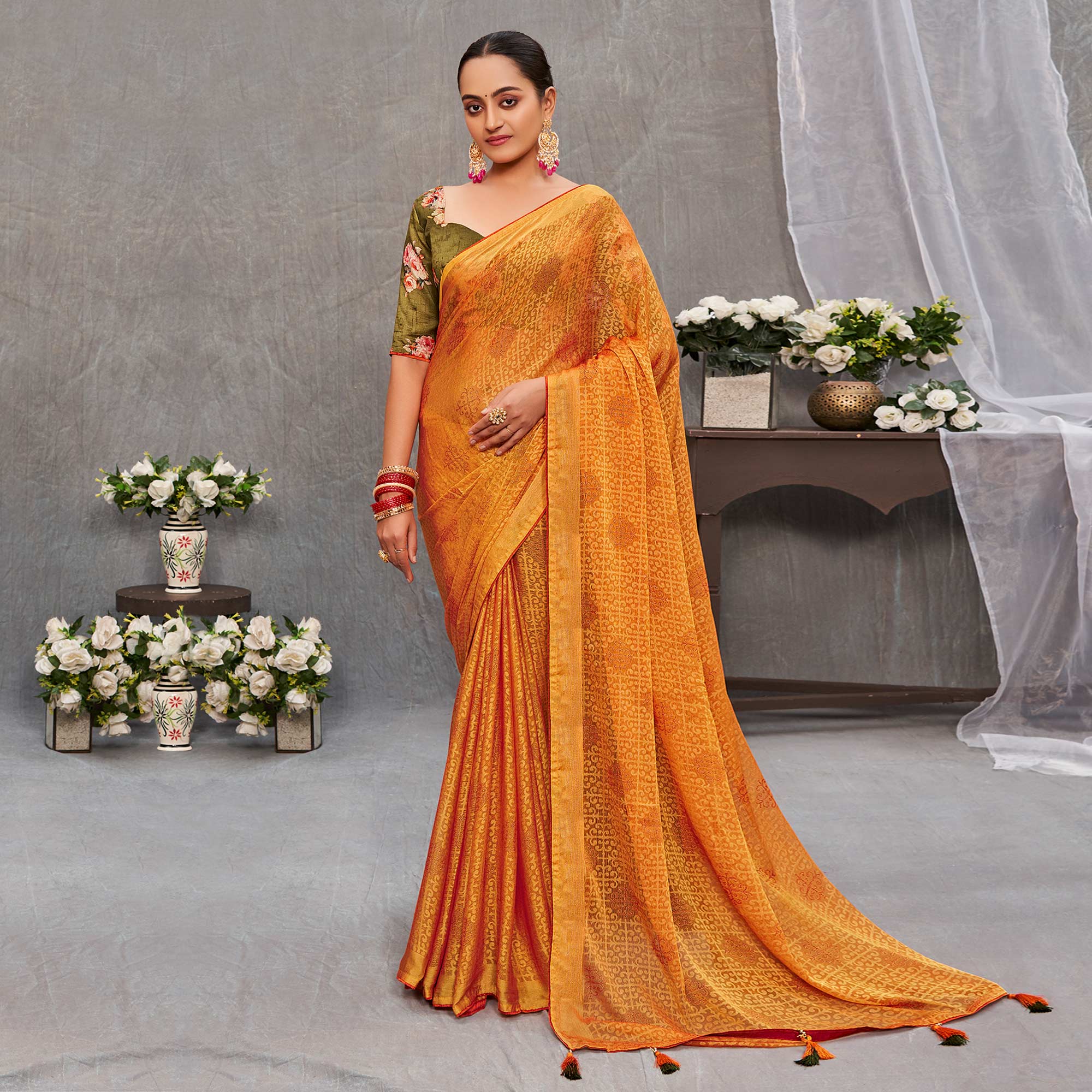 Mustard Printed Brasso Saree