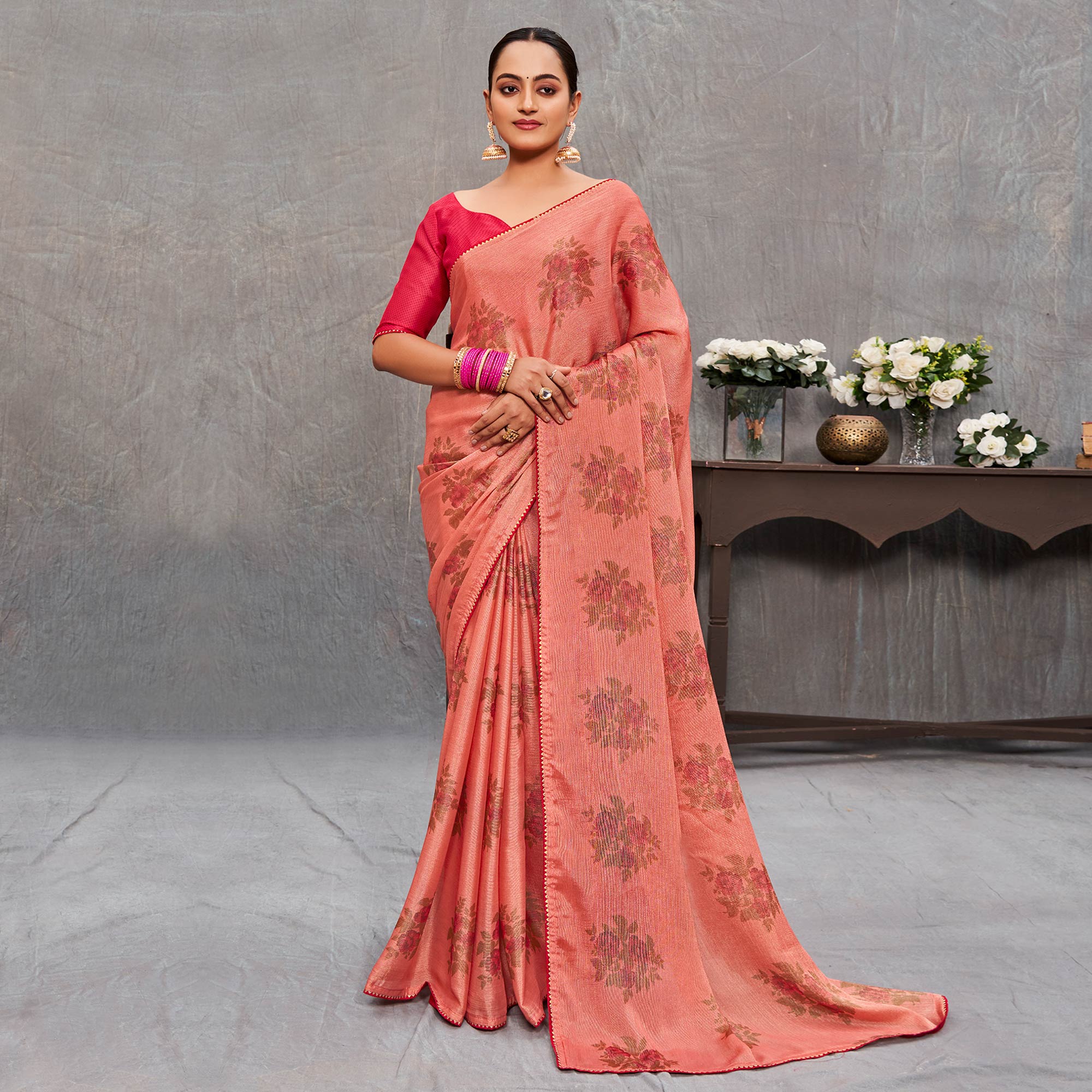 Peach Floral Printed Brasso Saree