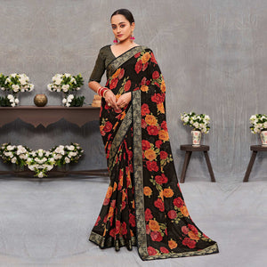 Black Floral Printed Georgette Saree