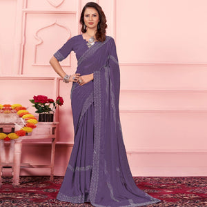 Light Purple Swarovski Work Satin Saree