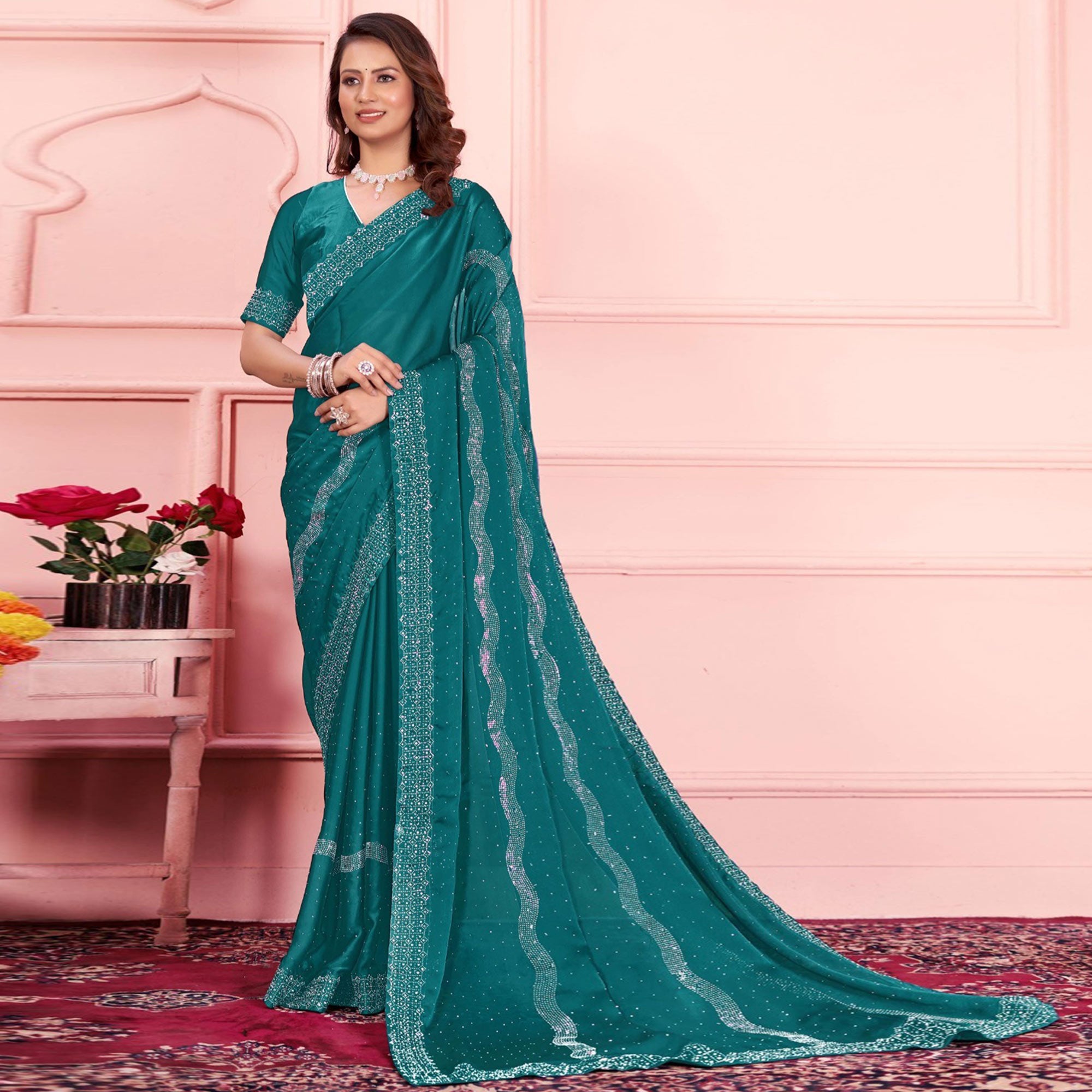 Rama Blue Swarovski Work Satin Saree