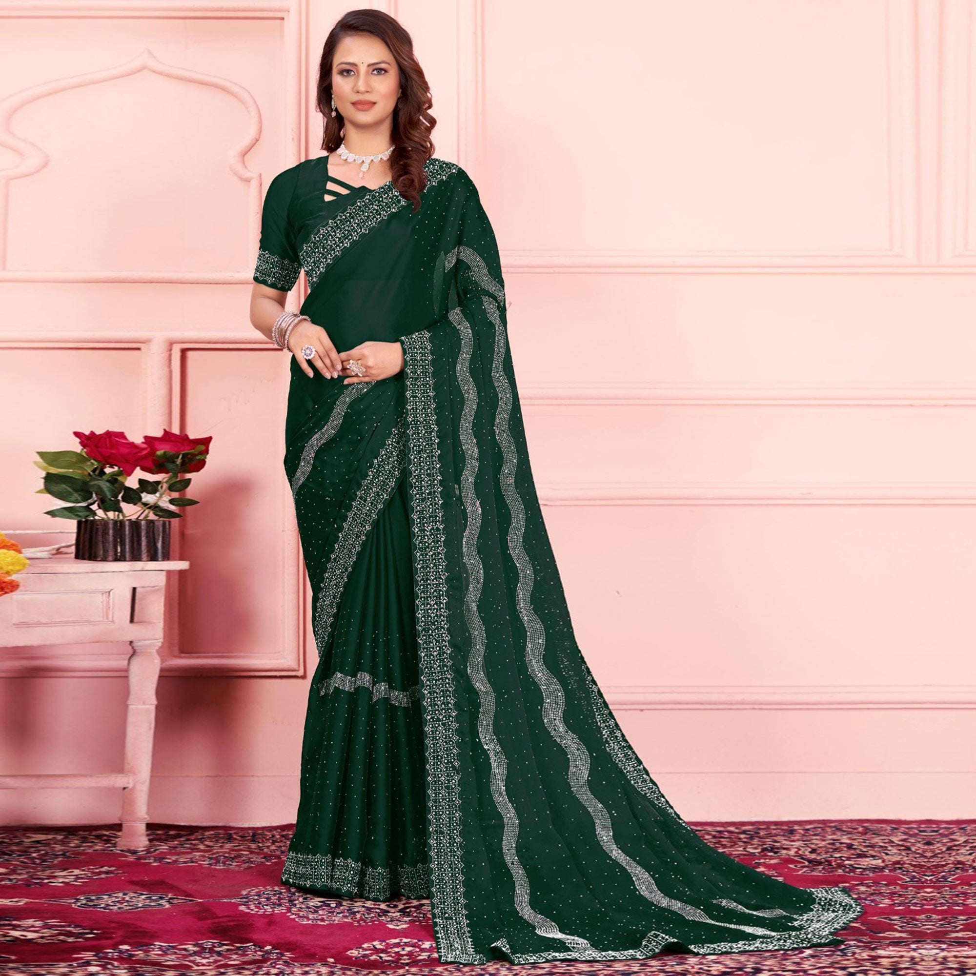 Green Swarovski Work Satin Saree