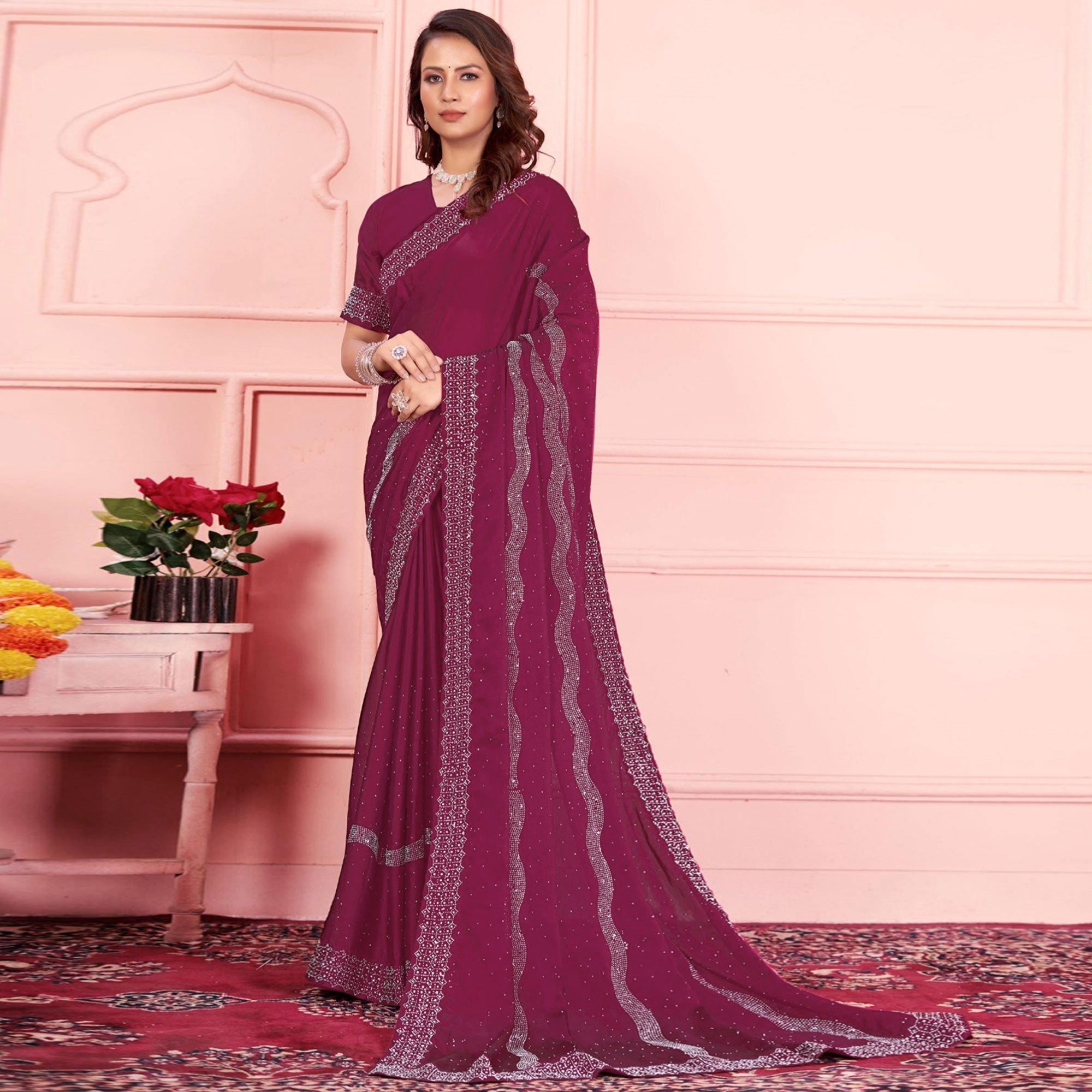 Rani Pink Swarovski Work Satin Saree