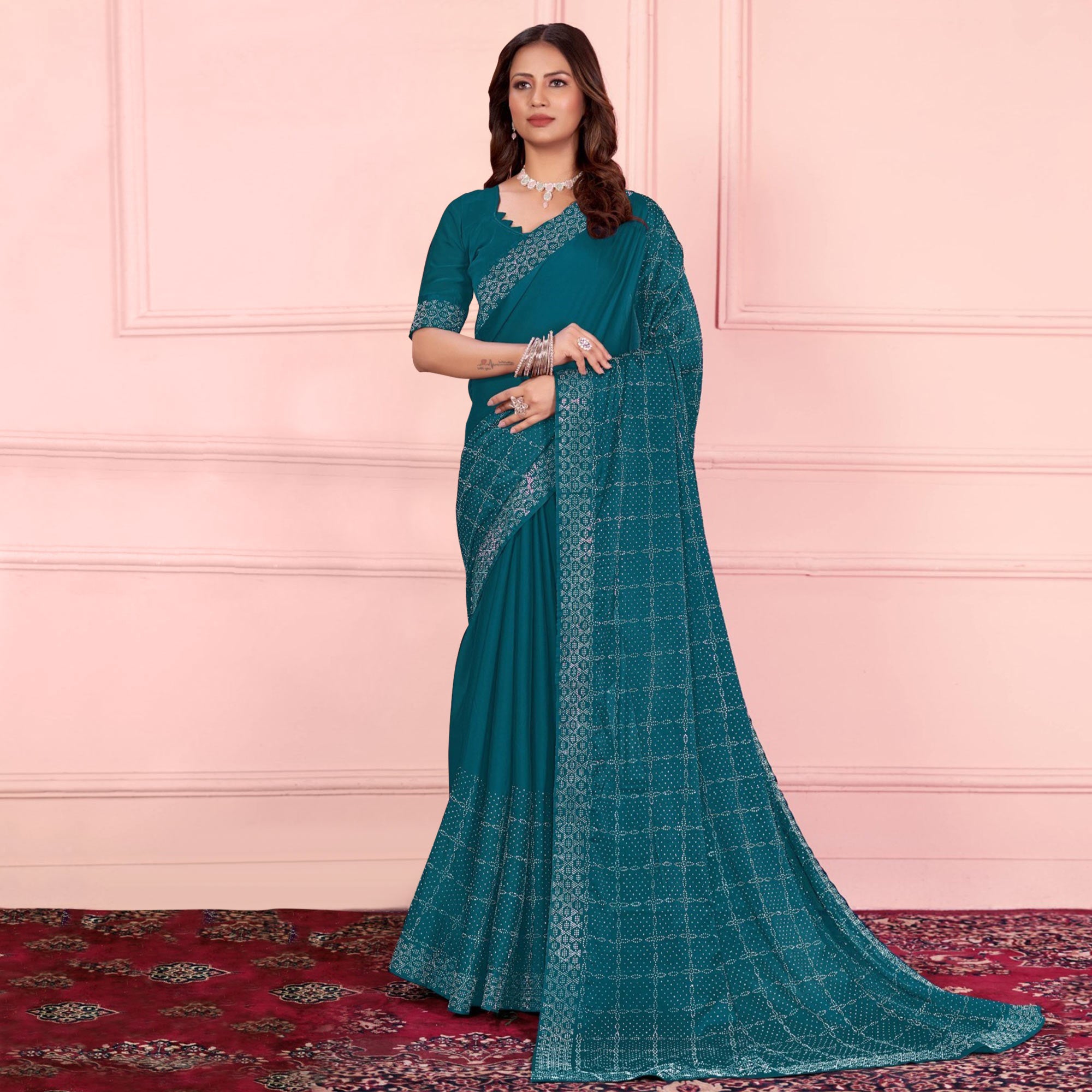 Teal Swarovski Work Satin Saree