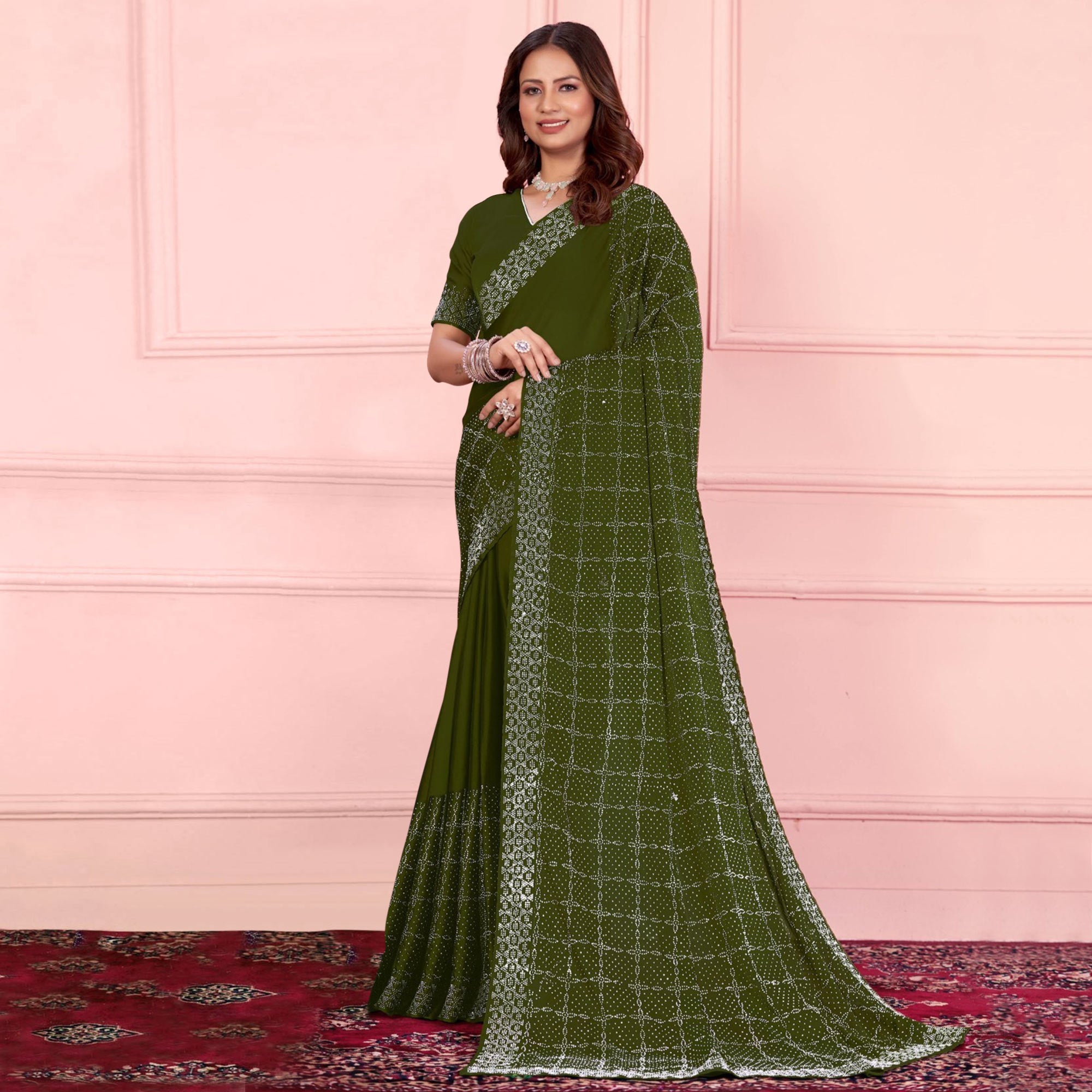 Mehendi Green Swarovski Work Satin Saree