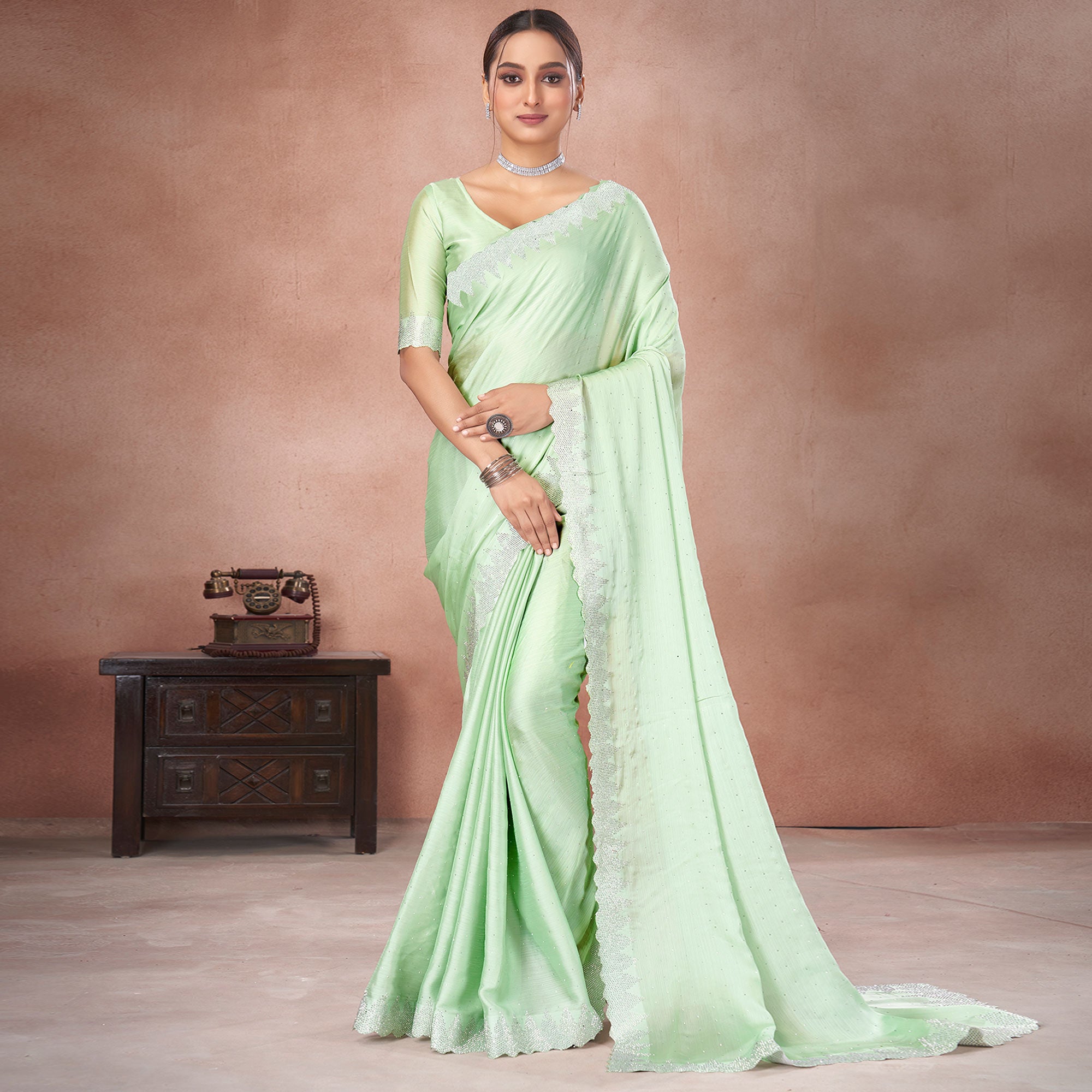 Pista Green Swarovski Work Satin Saree