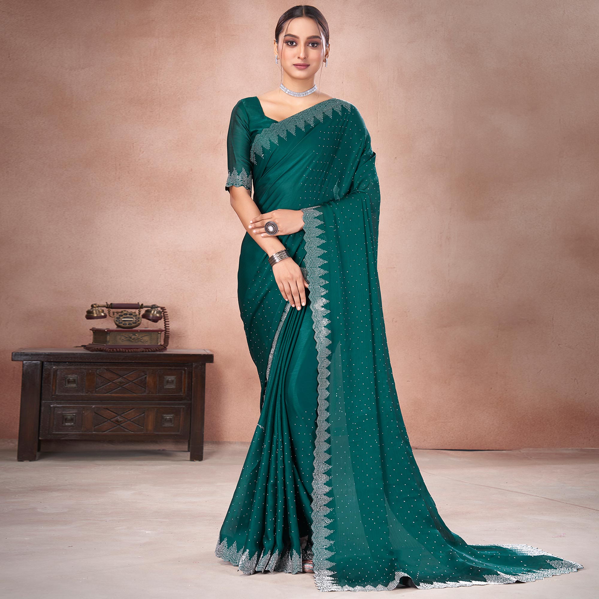 Rama Green Swarovski Work Satin Saree