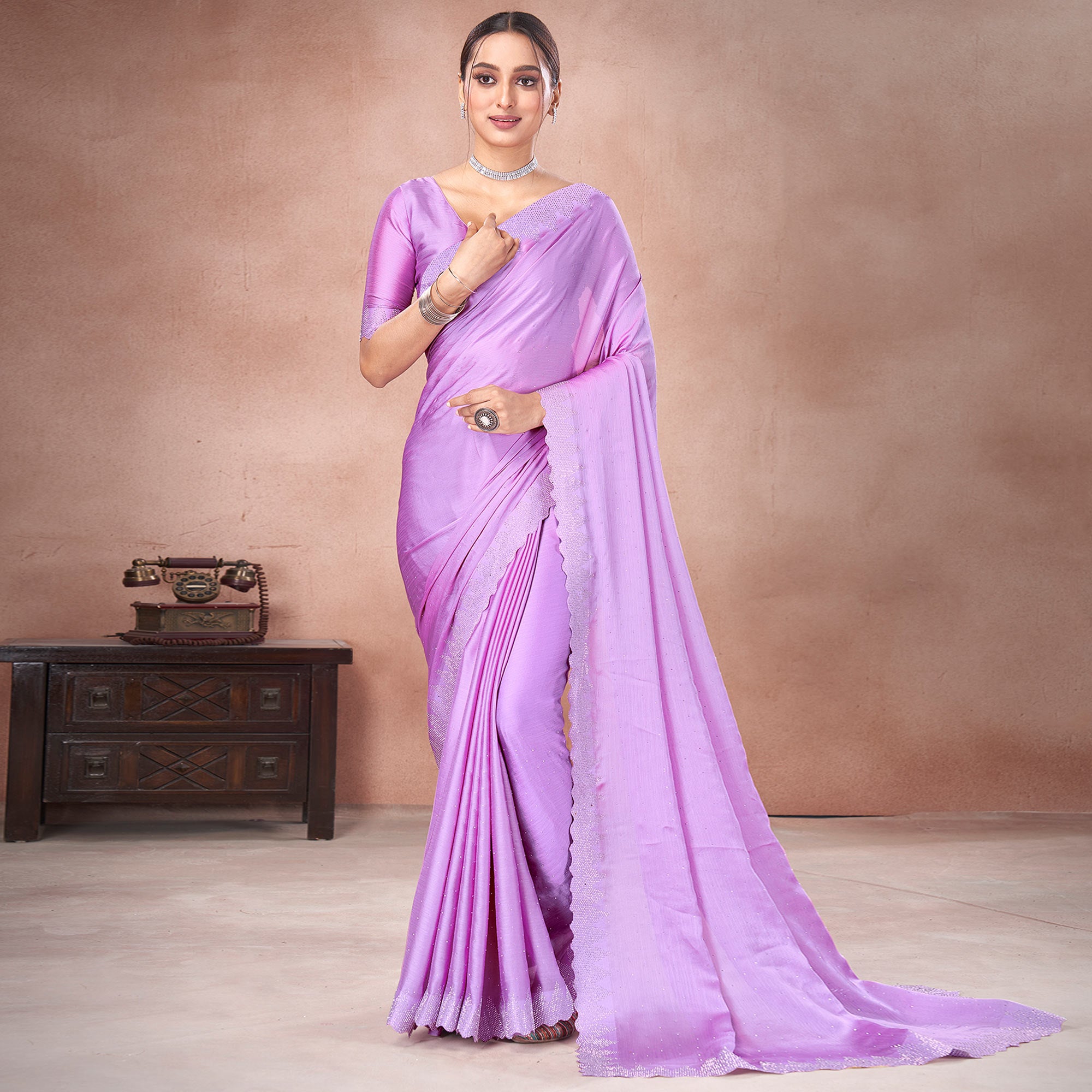 Light Purple Swarovski Work Satin Saree