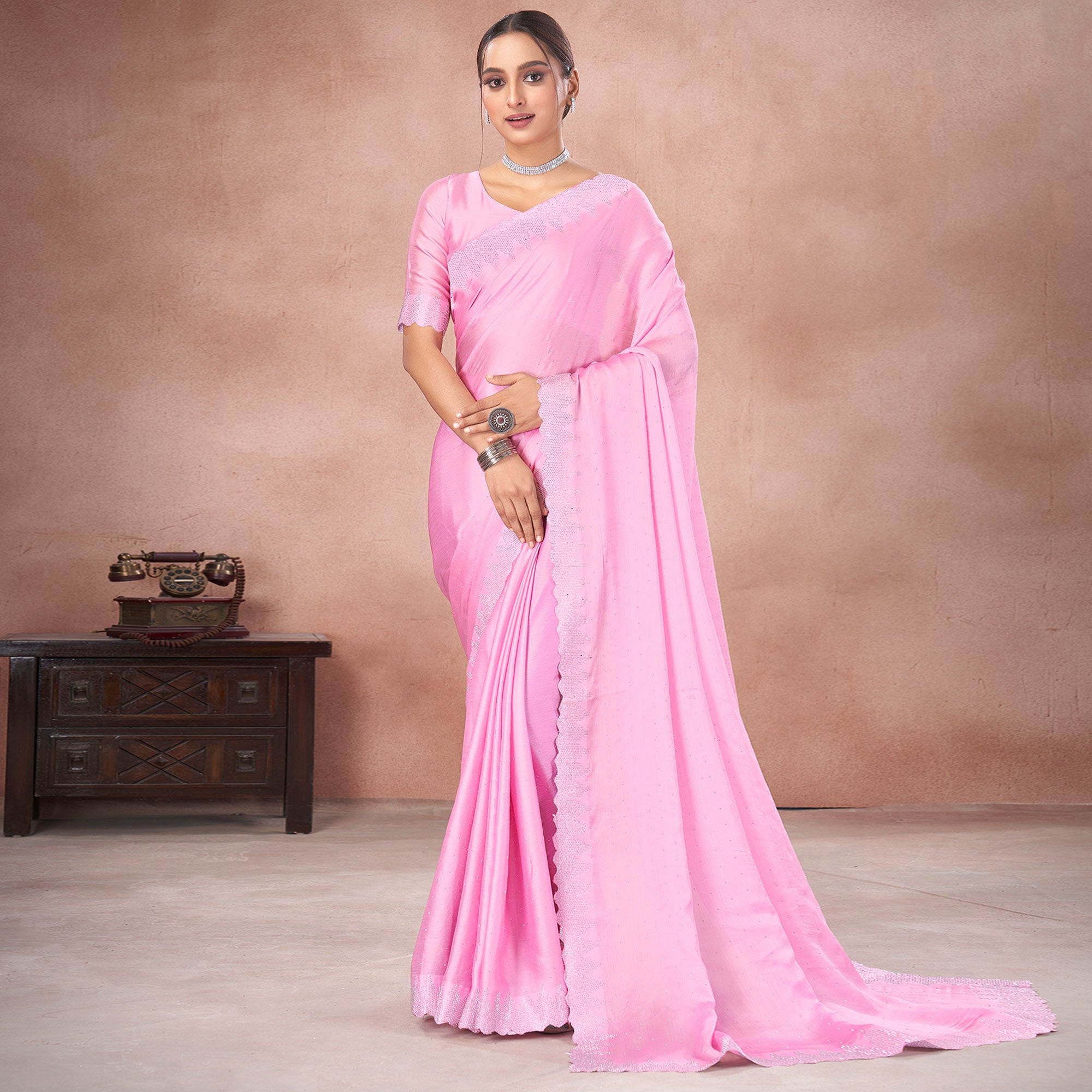 Light Pink Swarovski Work Satin Saree