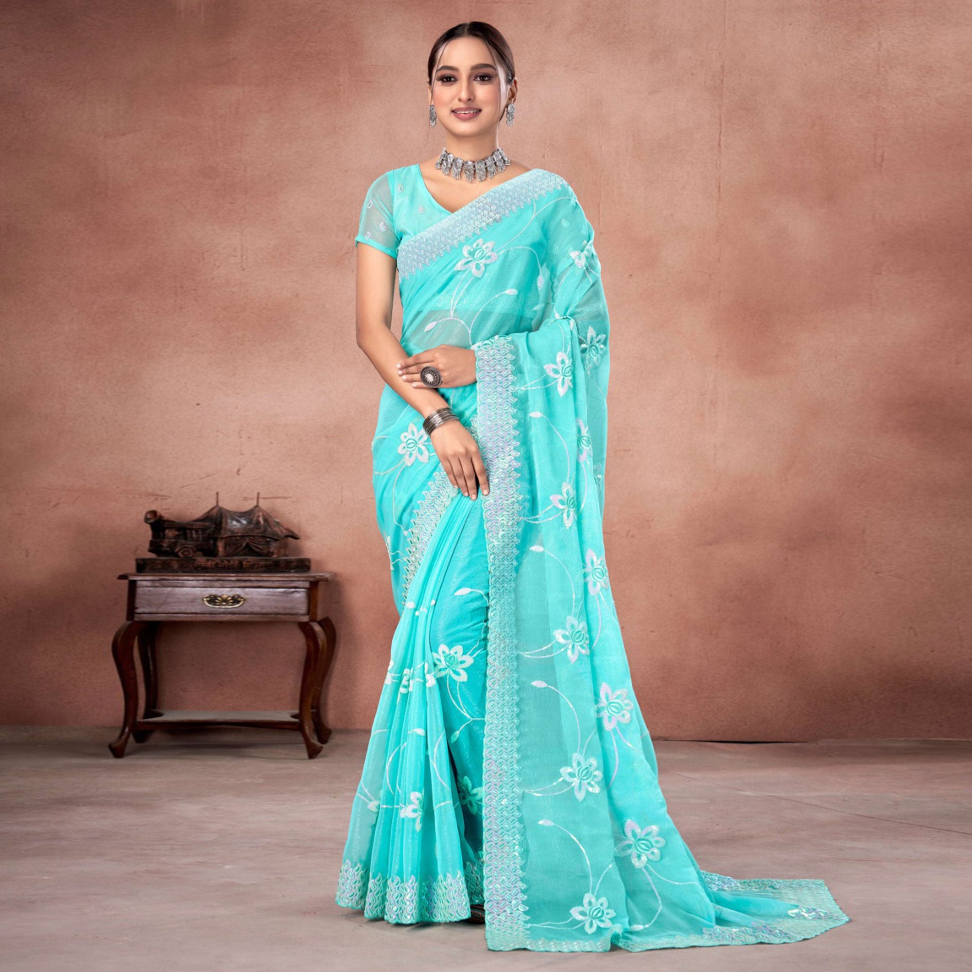 Blue Floral Sequins Embroidered Chiffon Saree