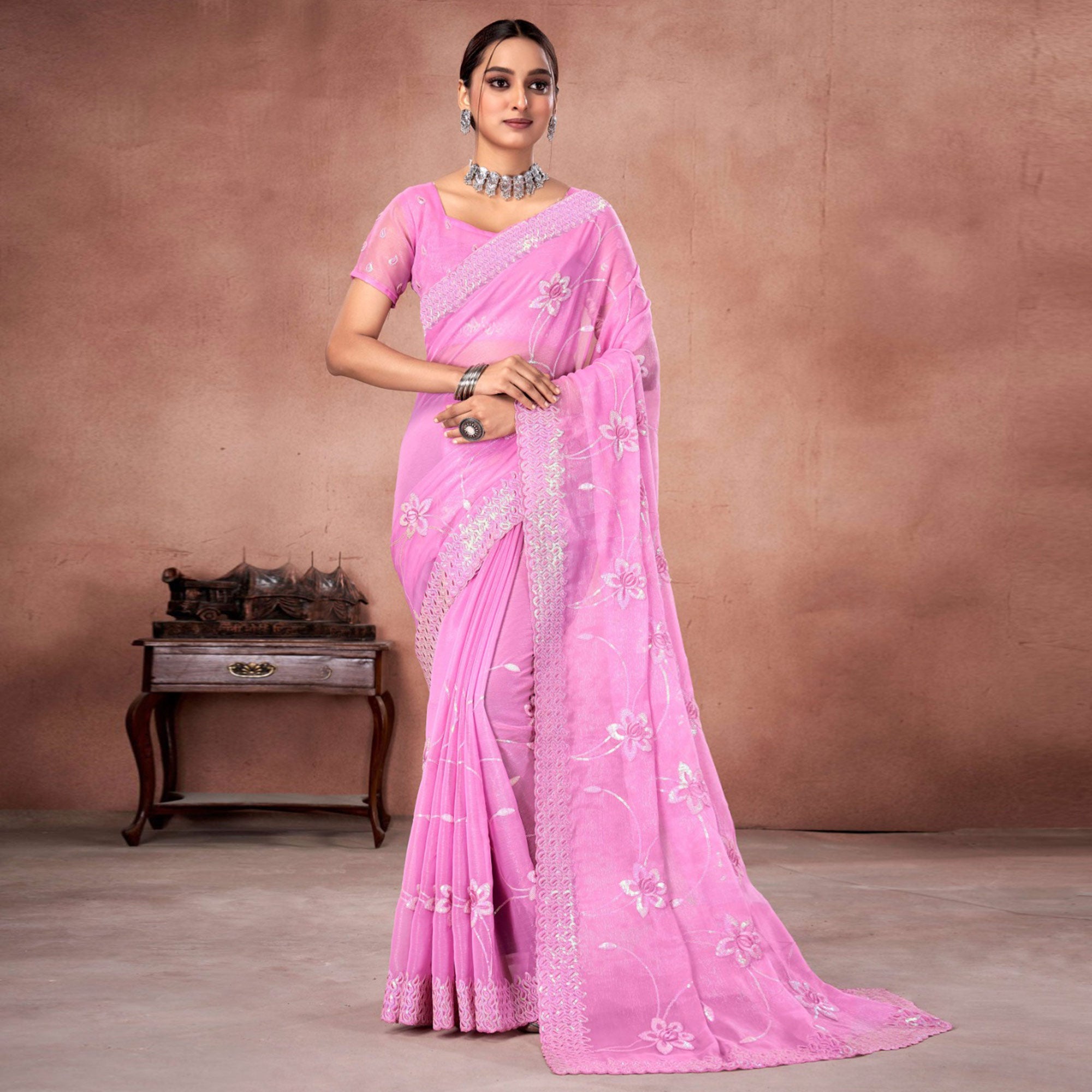 Pink Floral Sequins Embroidered Chiffon Saree