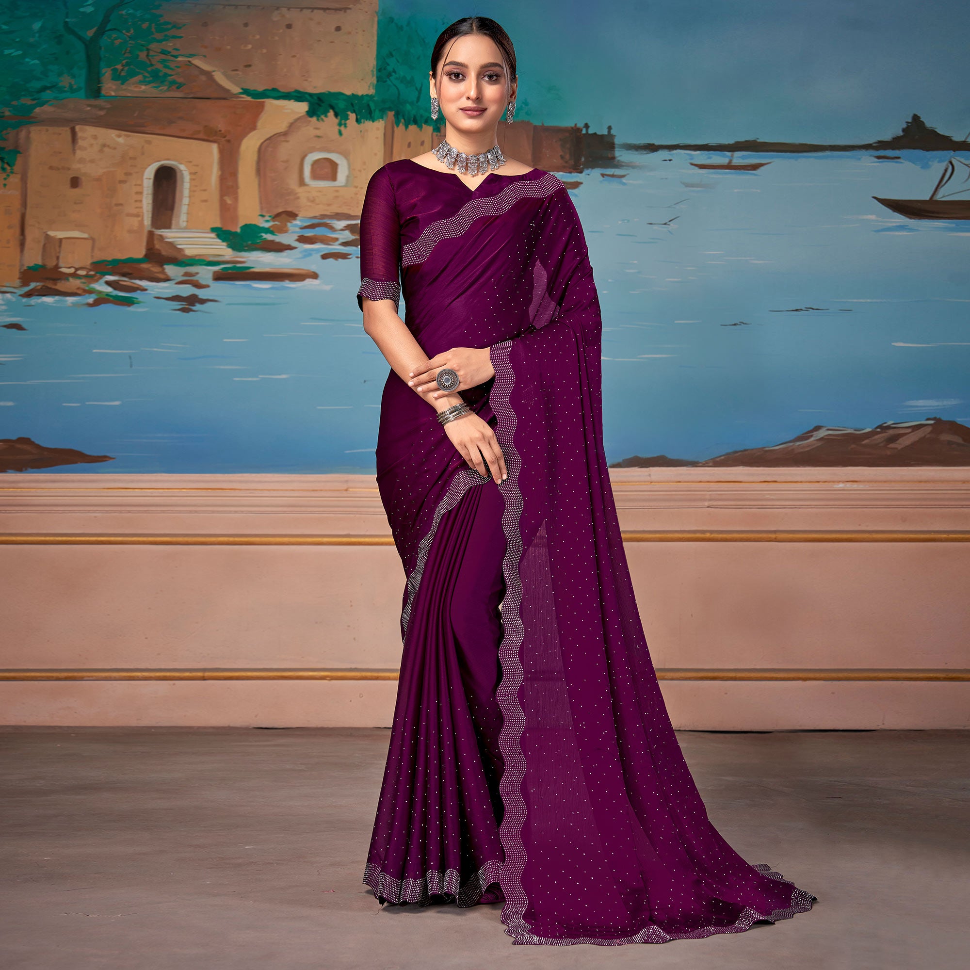 Wine Swarovski Work Satin Saree