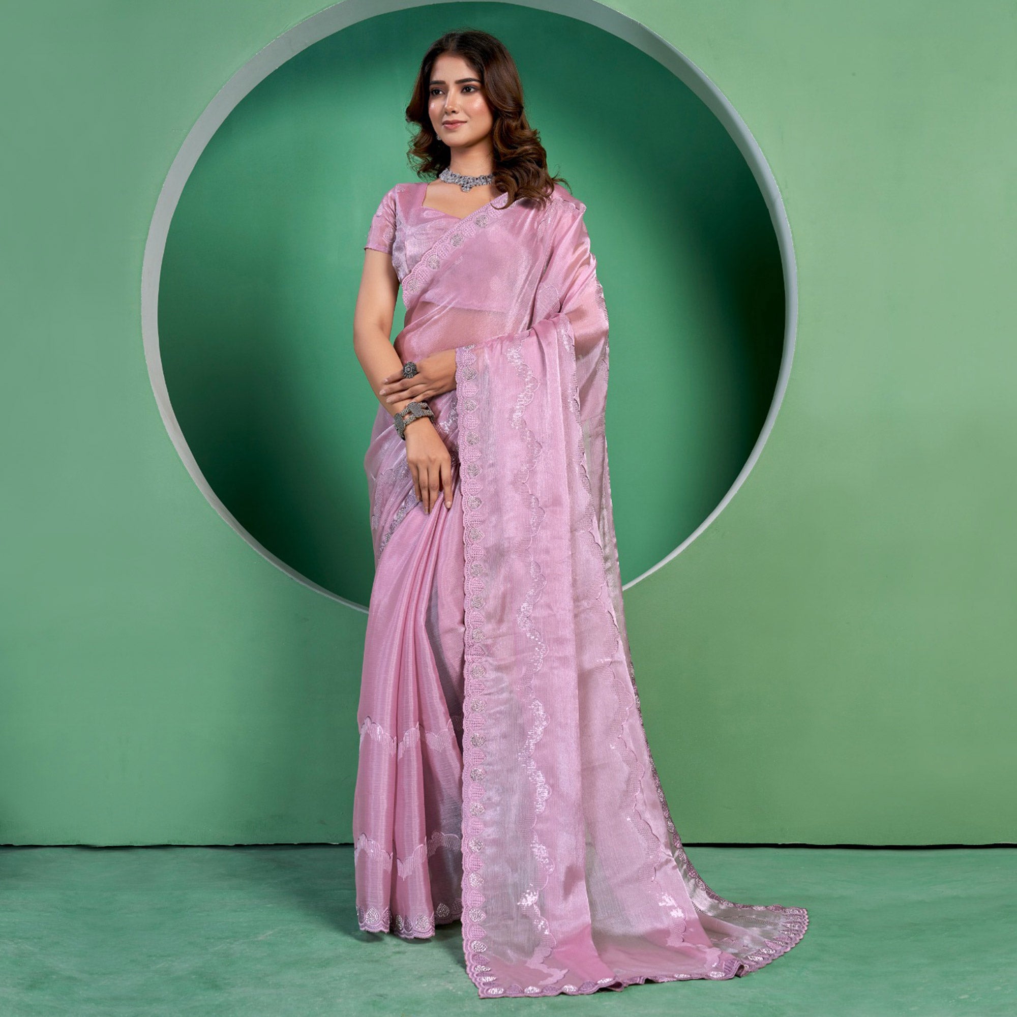 Pink Sequins Embroidered Chiffon Saree With Diamond Border