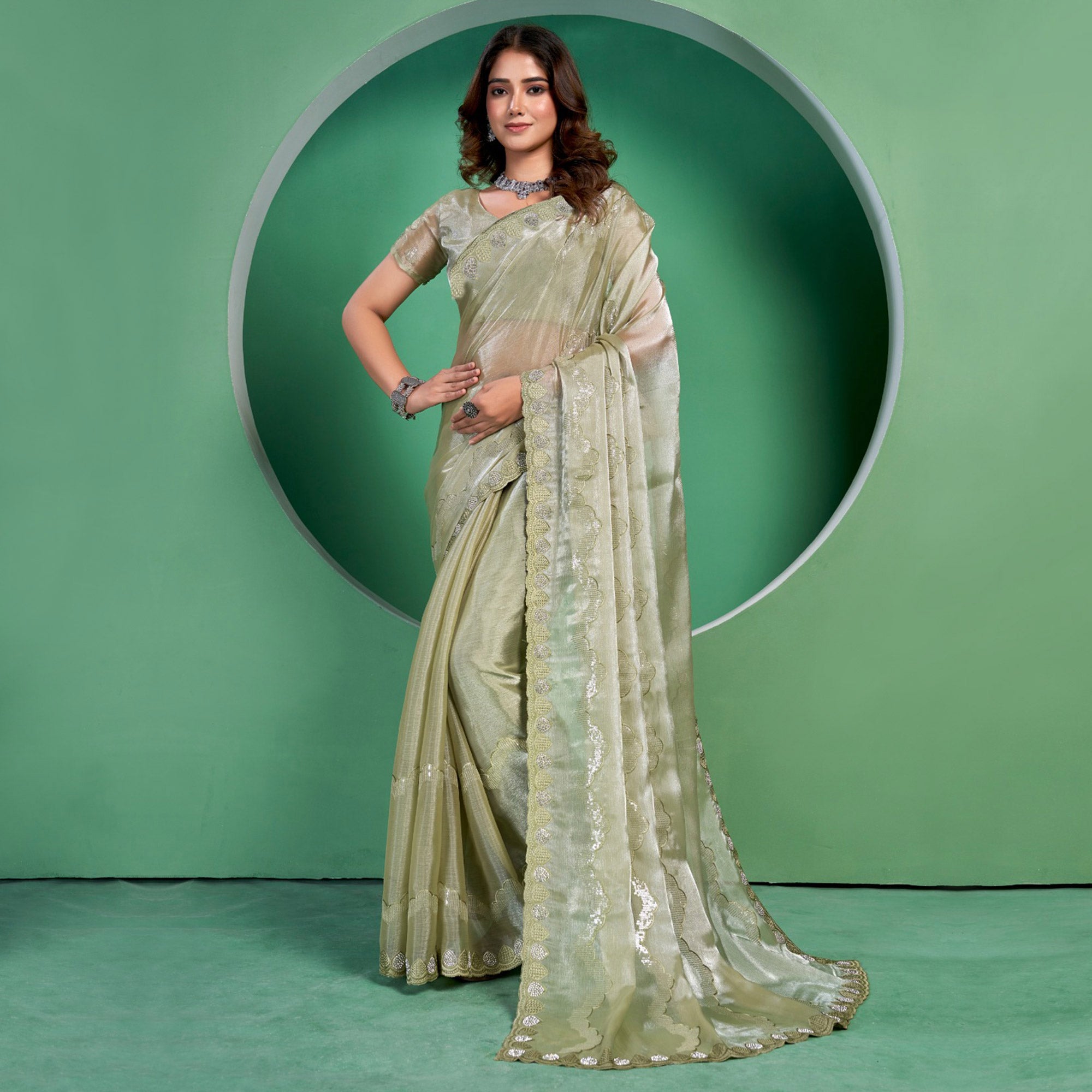 Pista Green Sequins Embroidered Chiffon Saree With Diamond Border