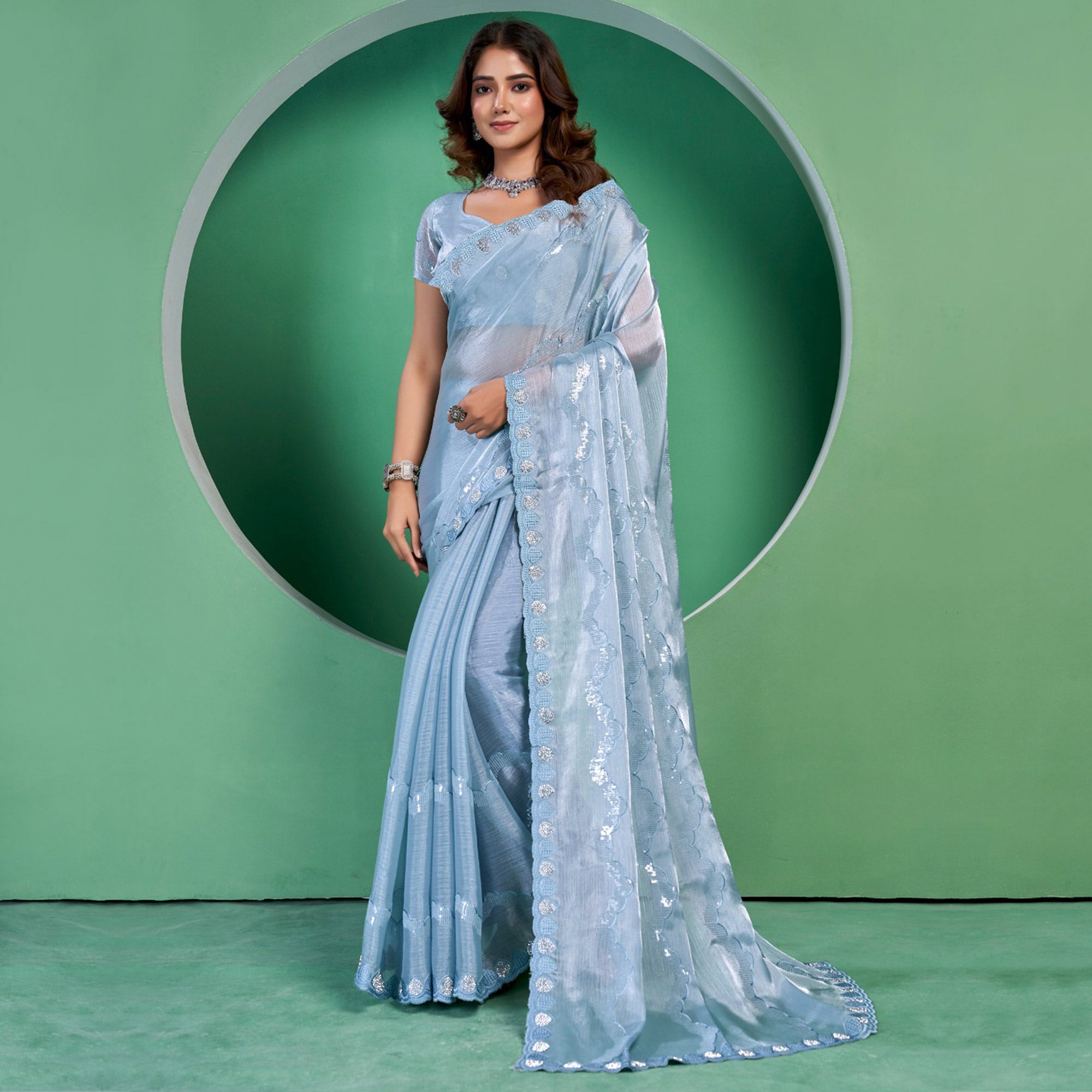 Blue Sequins Embroidered Chiffon Saree With Diamond Border