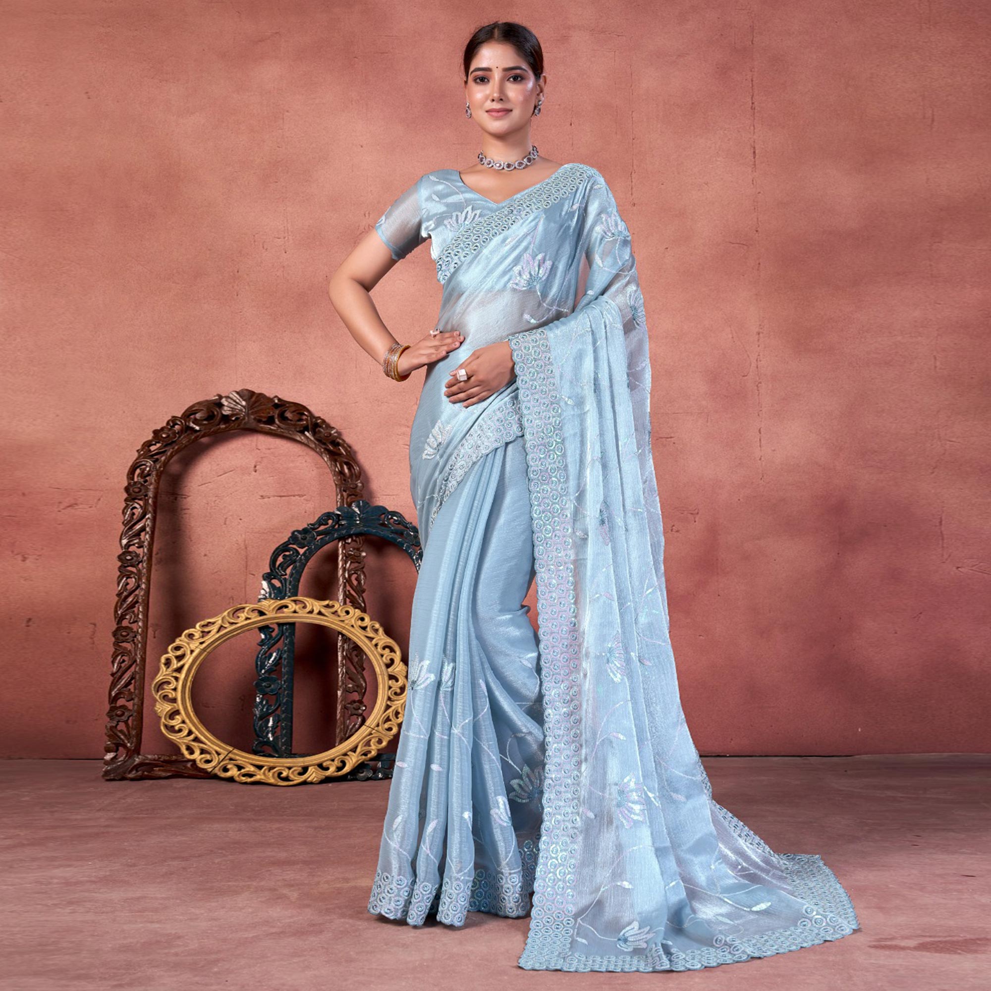 Greyish Blue Floral Sequins Embroidered chiffon Saree