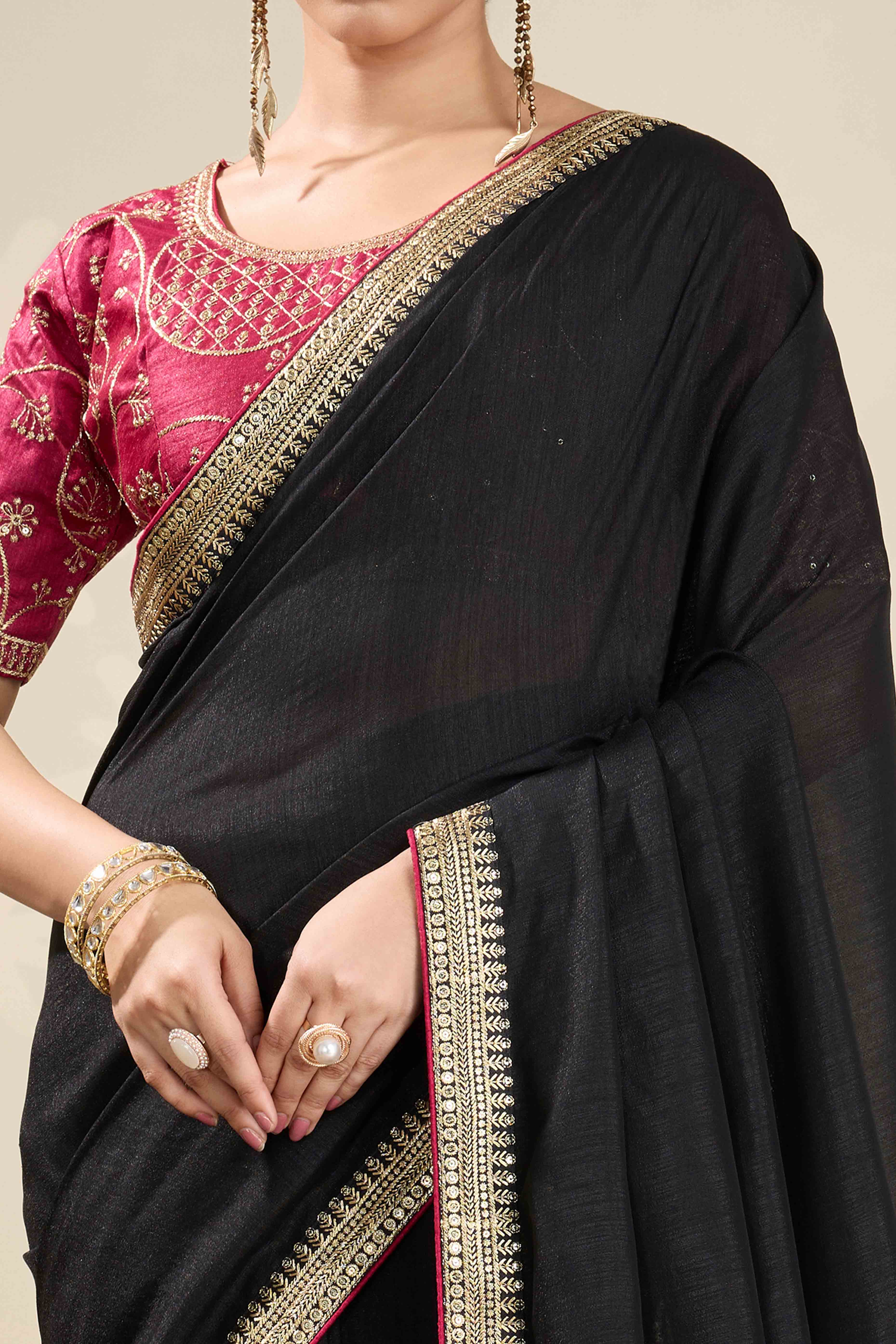 Graceful Vichitra Silk Saree in Black with Embroidered Bordering