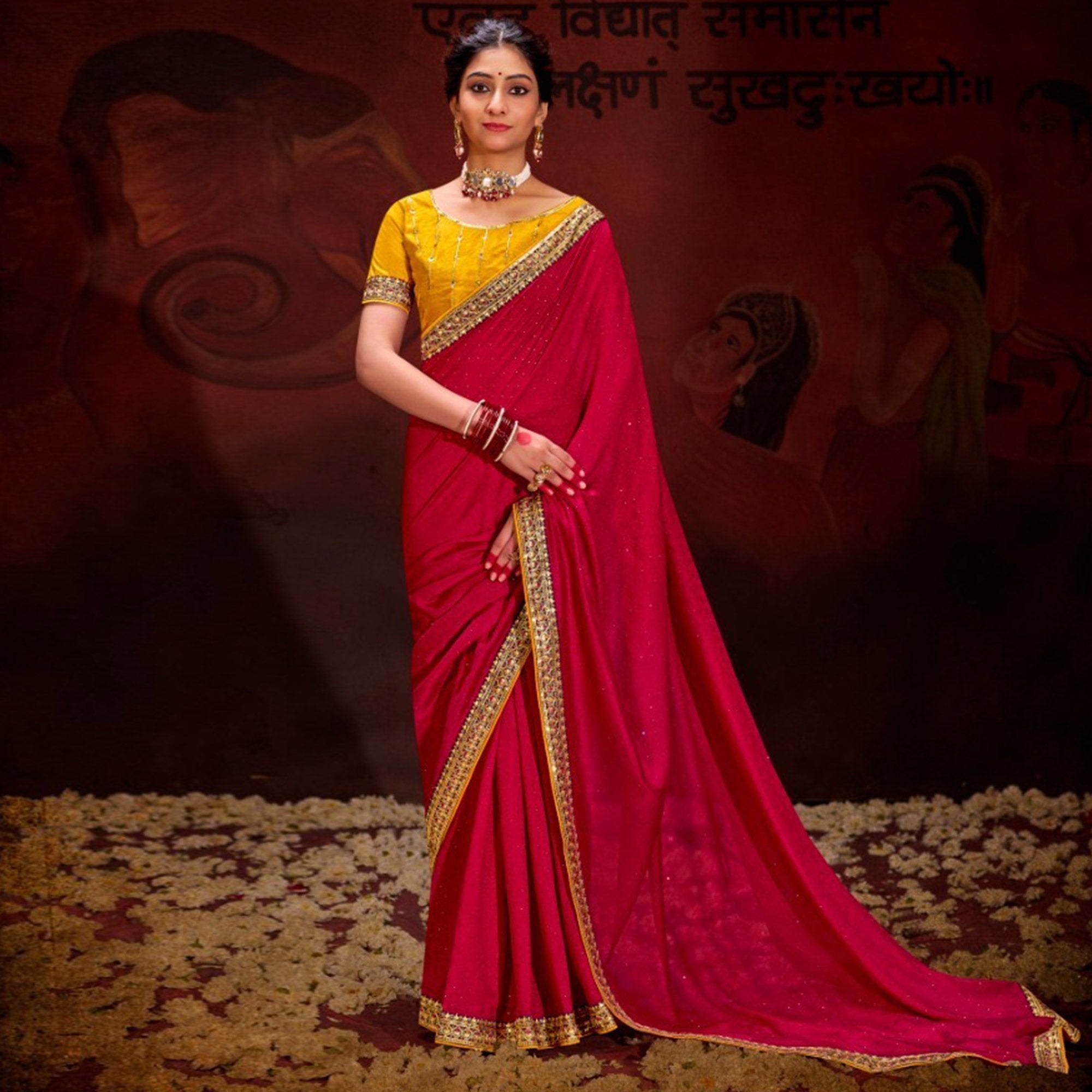 Pink Embroidered Vichitra Silk Saree With Tassels