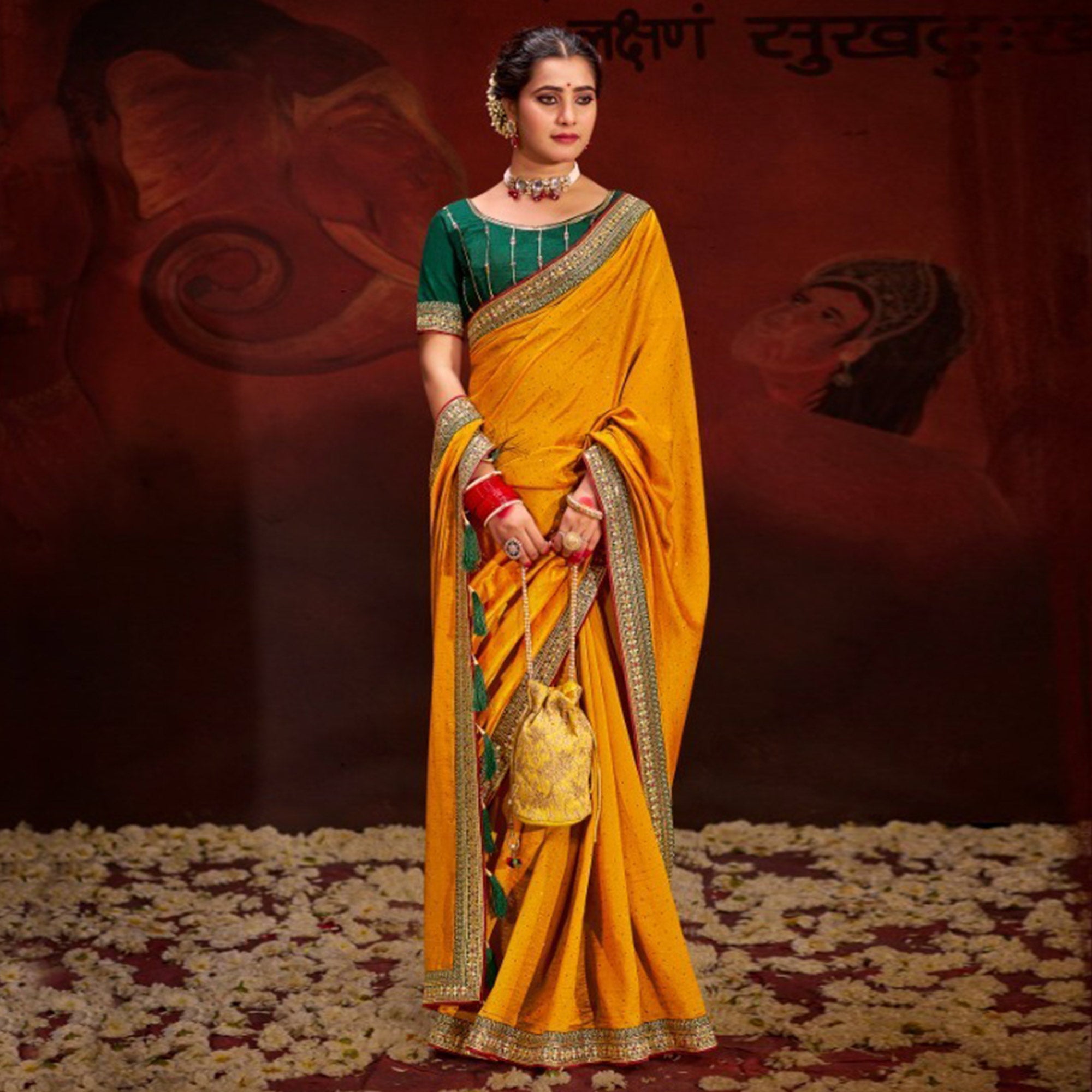 Mustard Embroidered Vichitra Silk Saree With Tassels