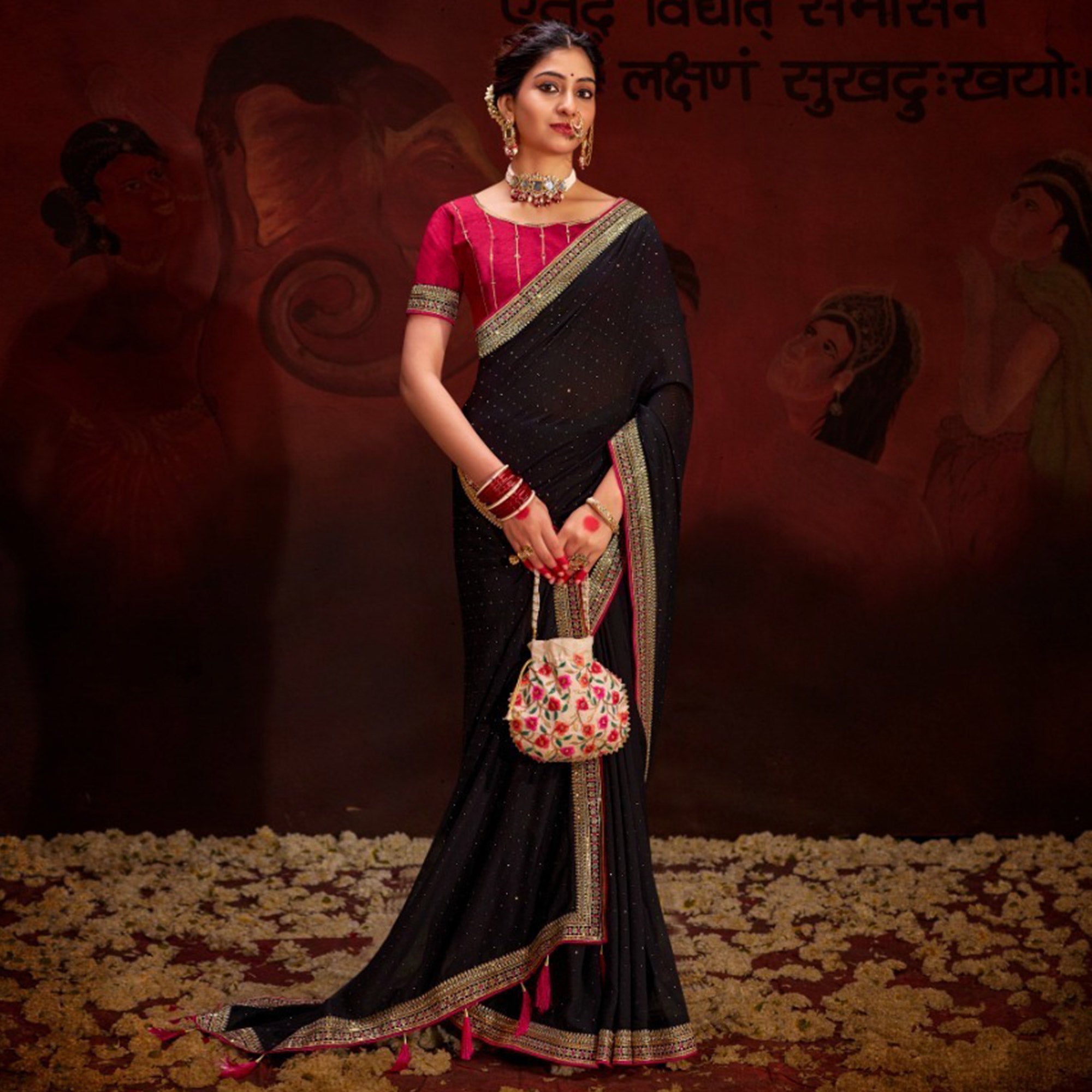 Black Embroidered Vichitra Silk Saree With Tassels