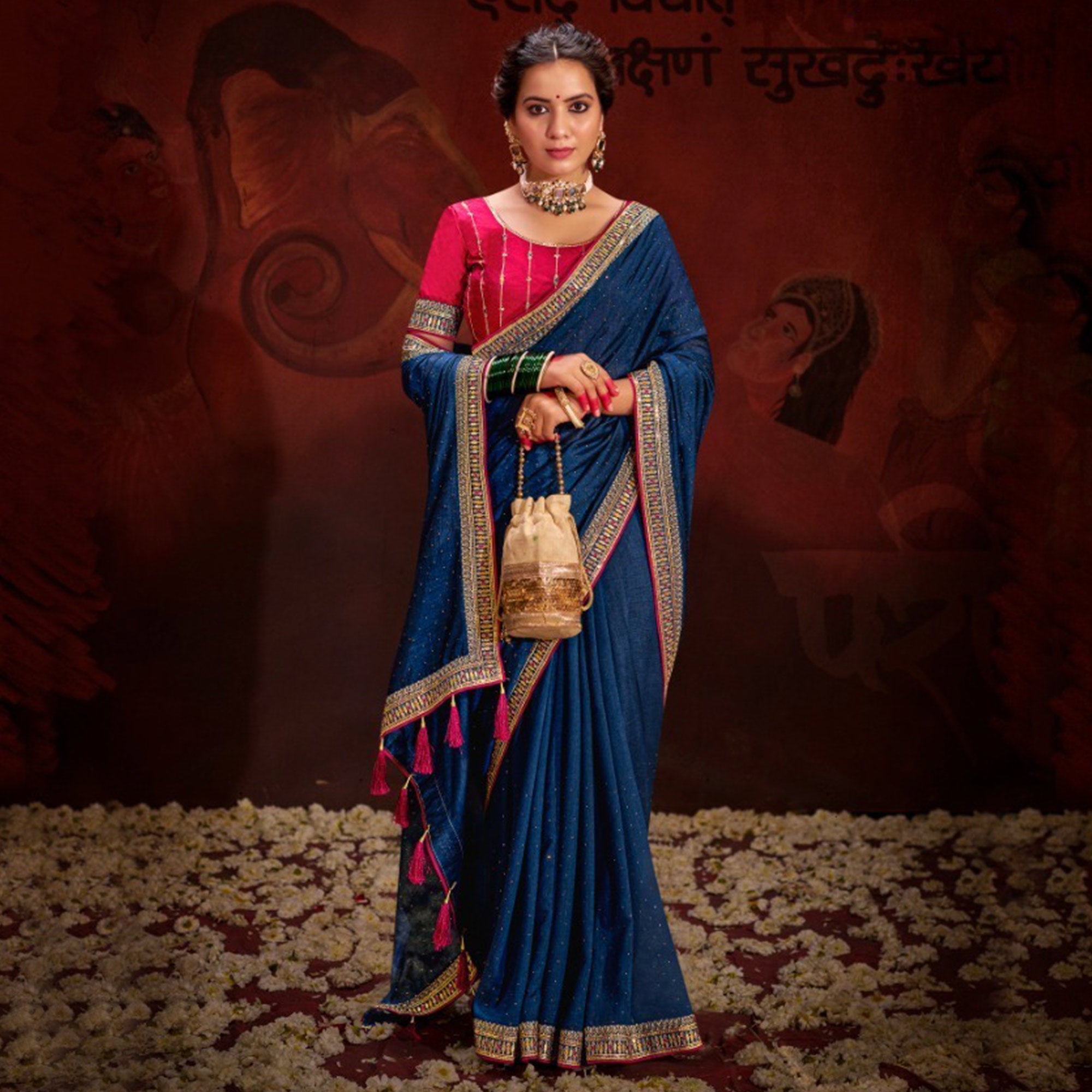 Royal Blue Embroidered Vichitra Silk Saree With Tassels