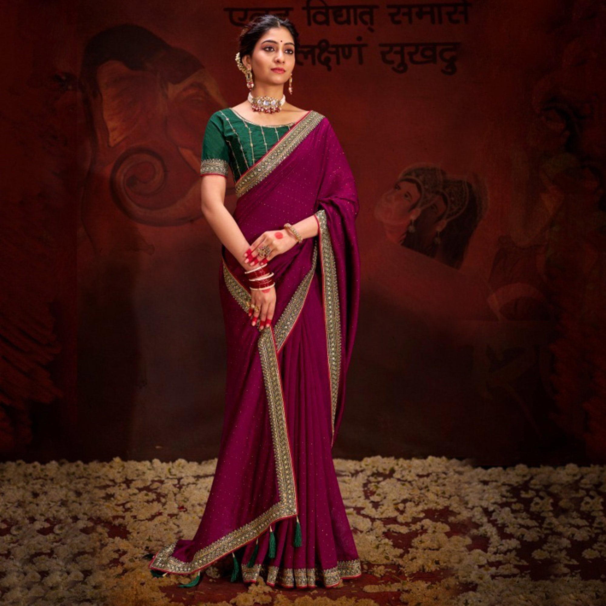 Wine Embroidered Vichitra Silk Saree With Tassels