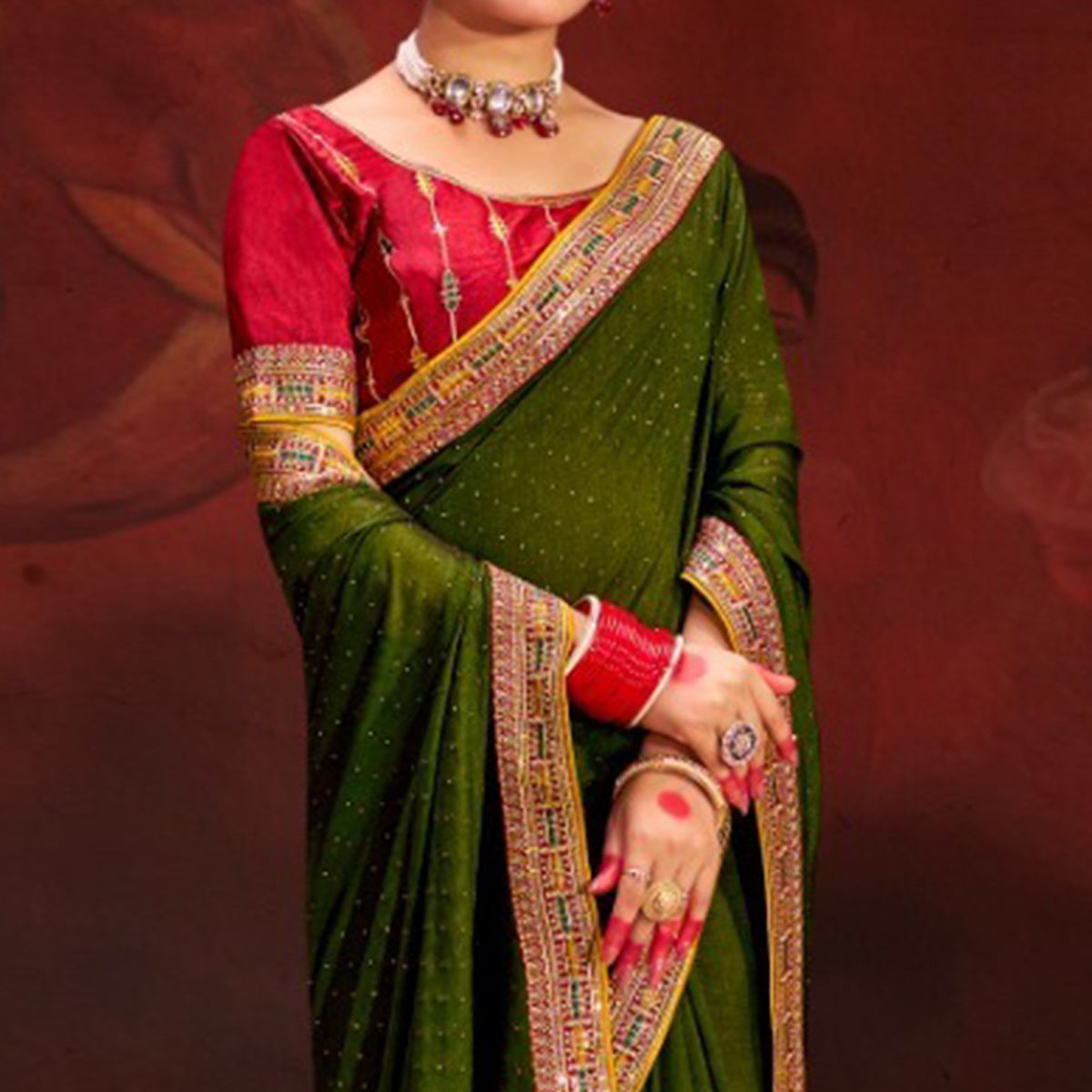 Green Embroidered Vichitra Silk Saree With Tassels