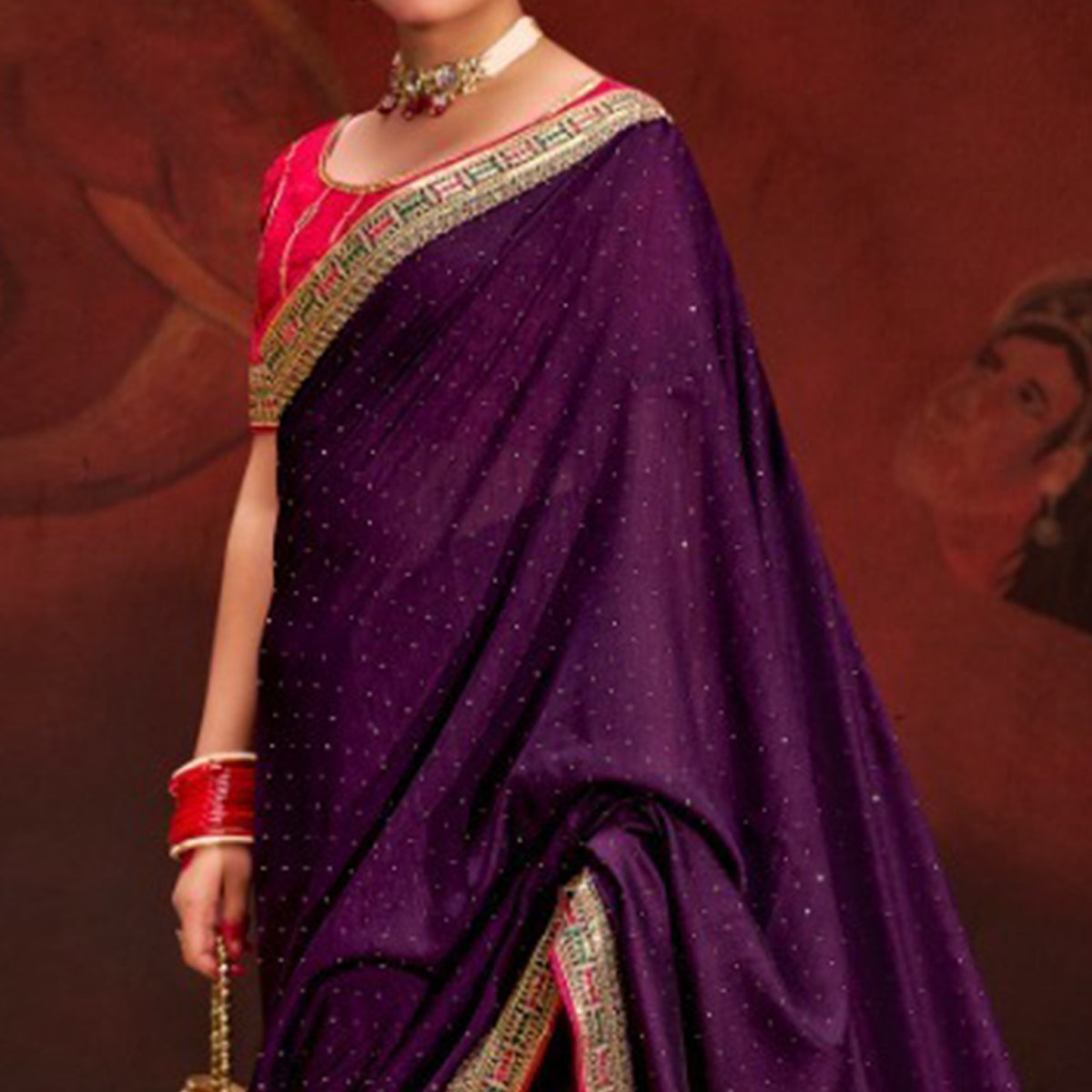 Purple Embroidered Vichitra Silk Saree With Tassels