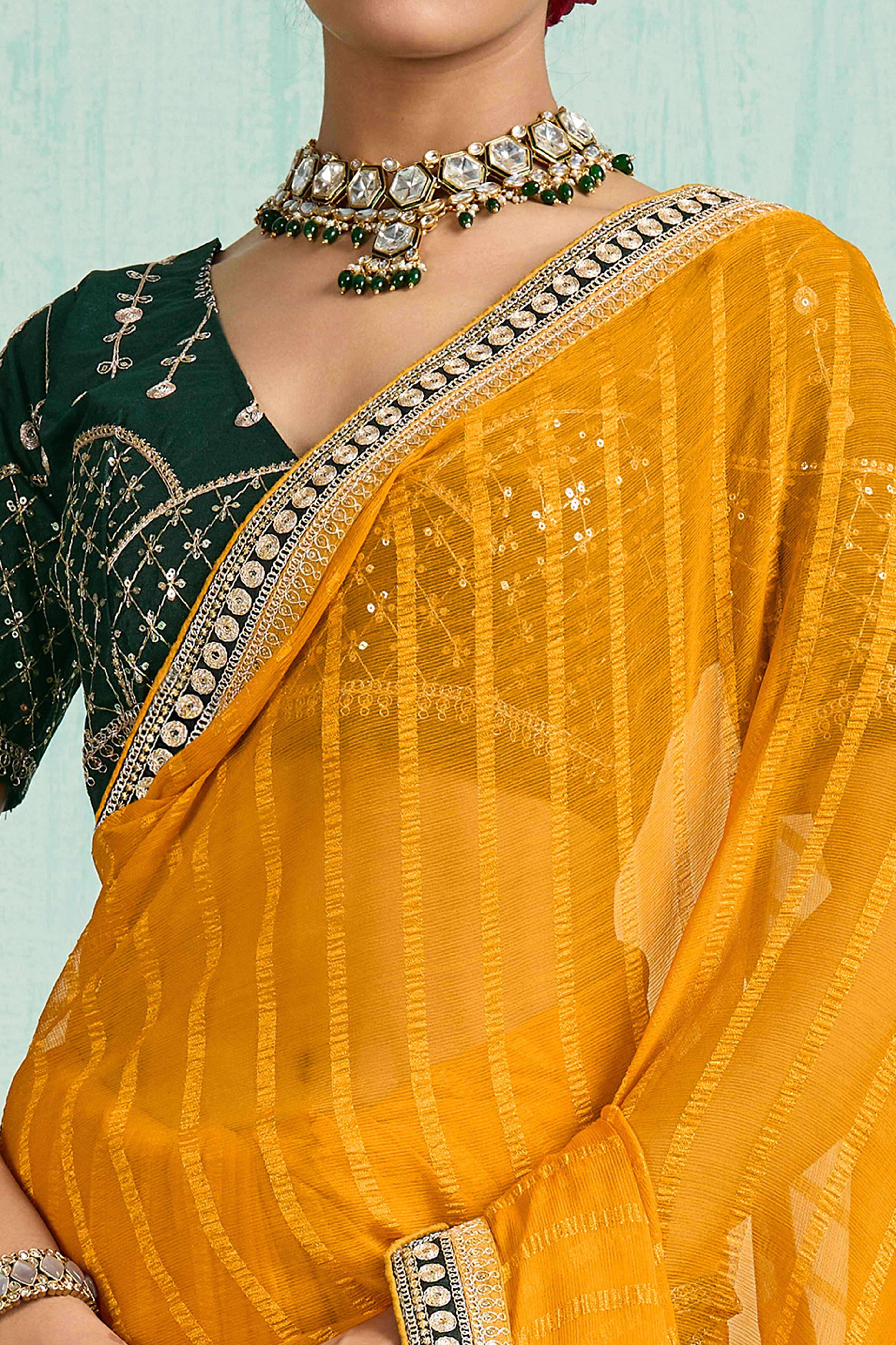Mustard Chiffon Saree With Elegant Stripes & Sequins Embroidered Border