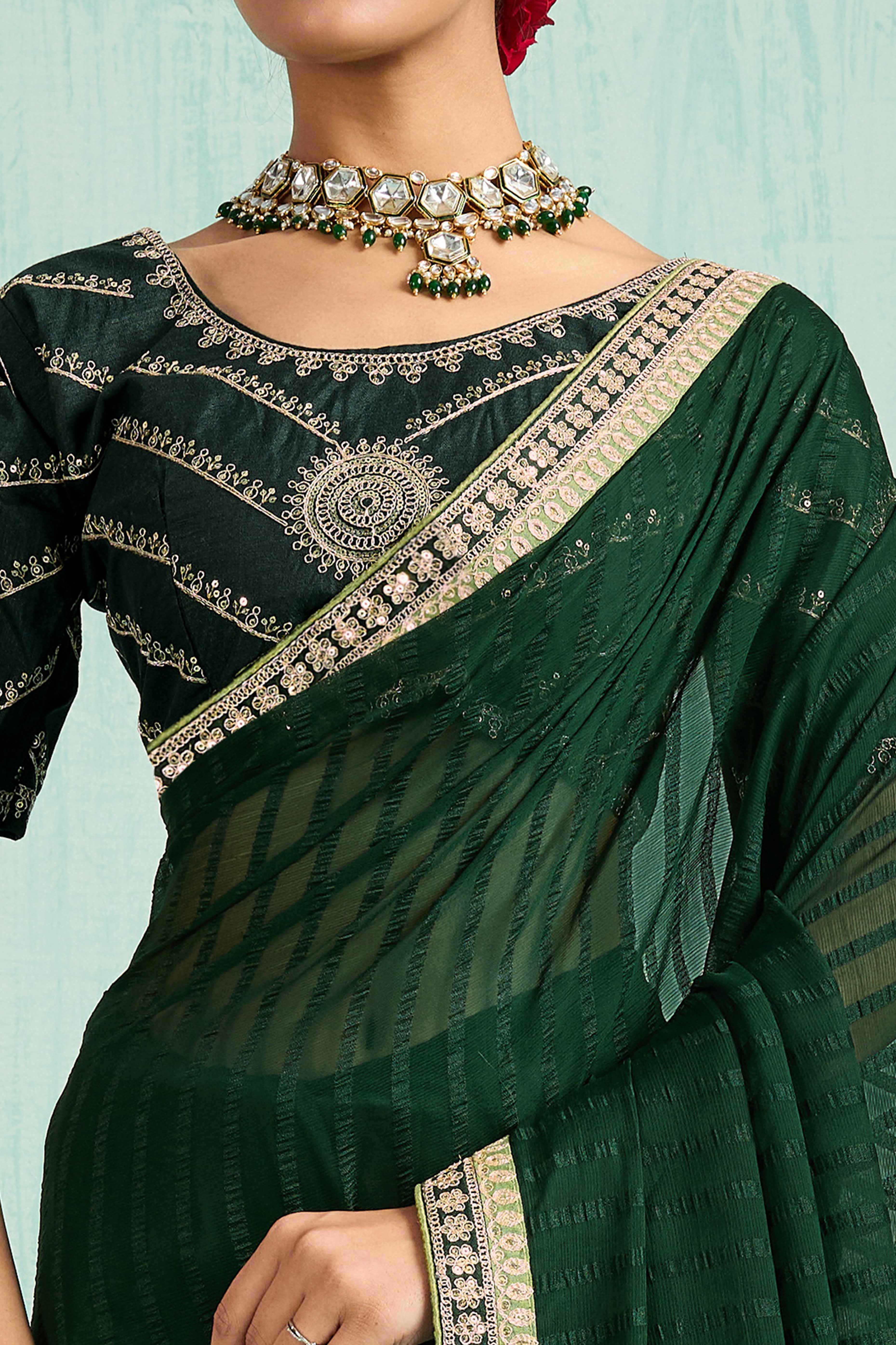 Green Chiffon Saree With Elegant Stripes & Sequins Embroidered Border