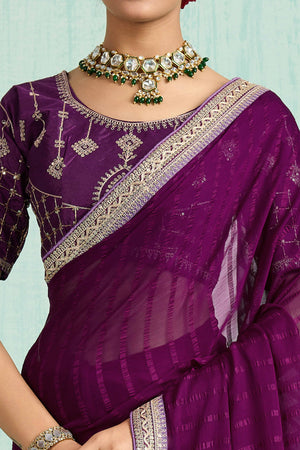 Purple Chiffon Saree With Elegant Stripes & Sequins Embroidered Border