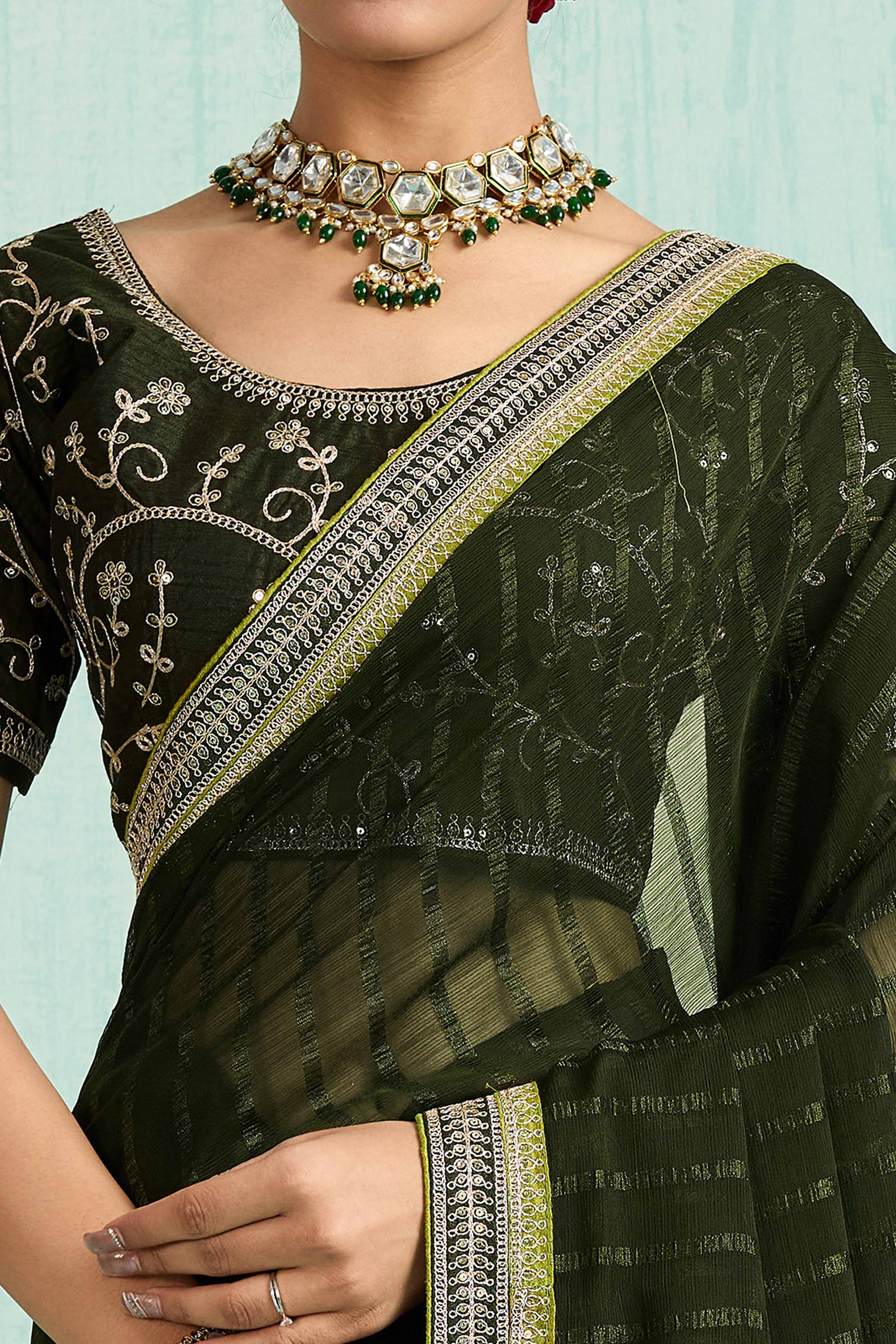 Mehandi Green Chiffon Saree With Elegant Stripes & Sequins Embroidered Border