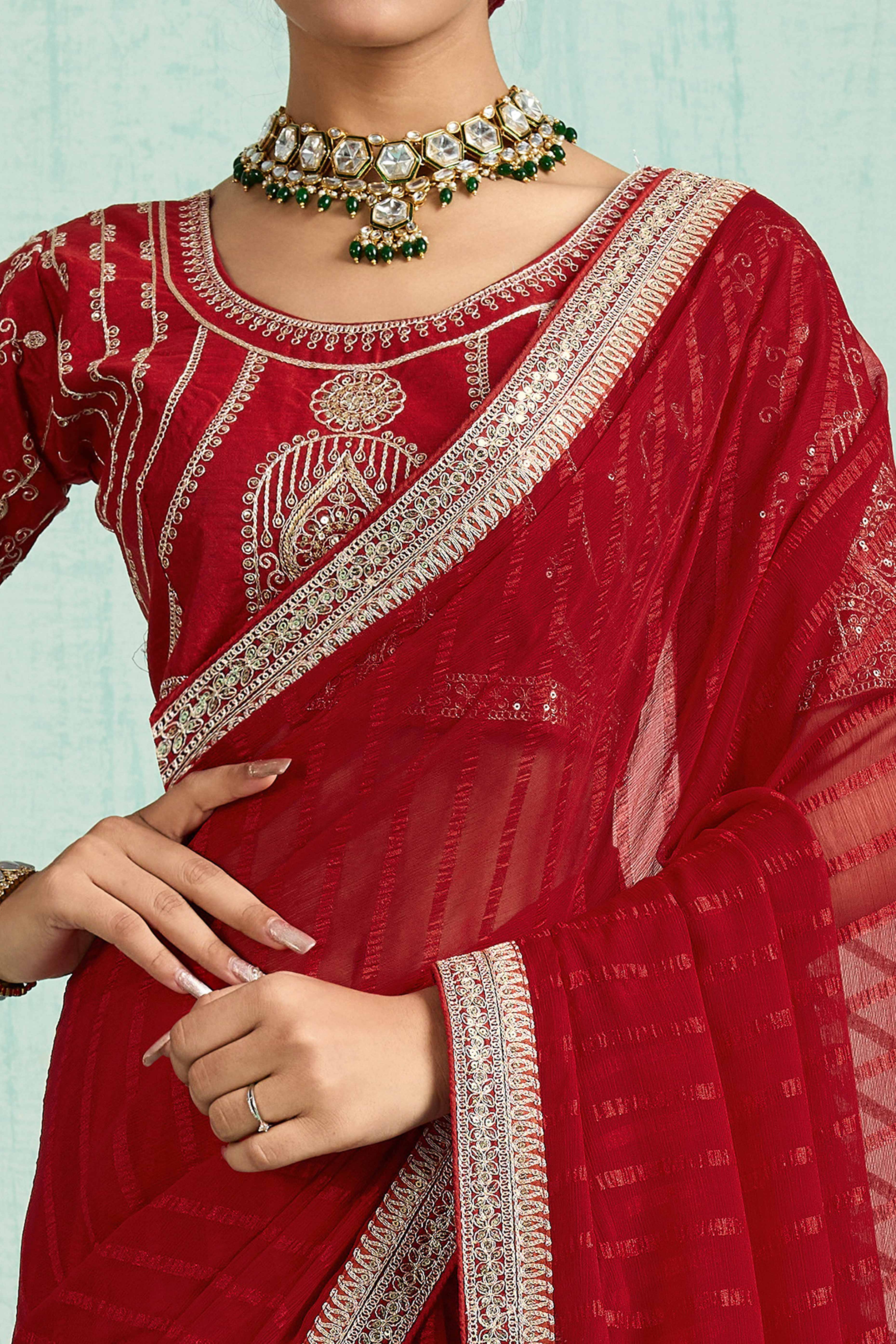 Red Chiffon Saree With Elegant Stripes & Sequins Embroidered Border