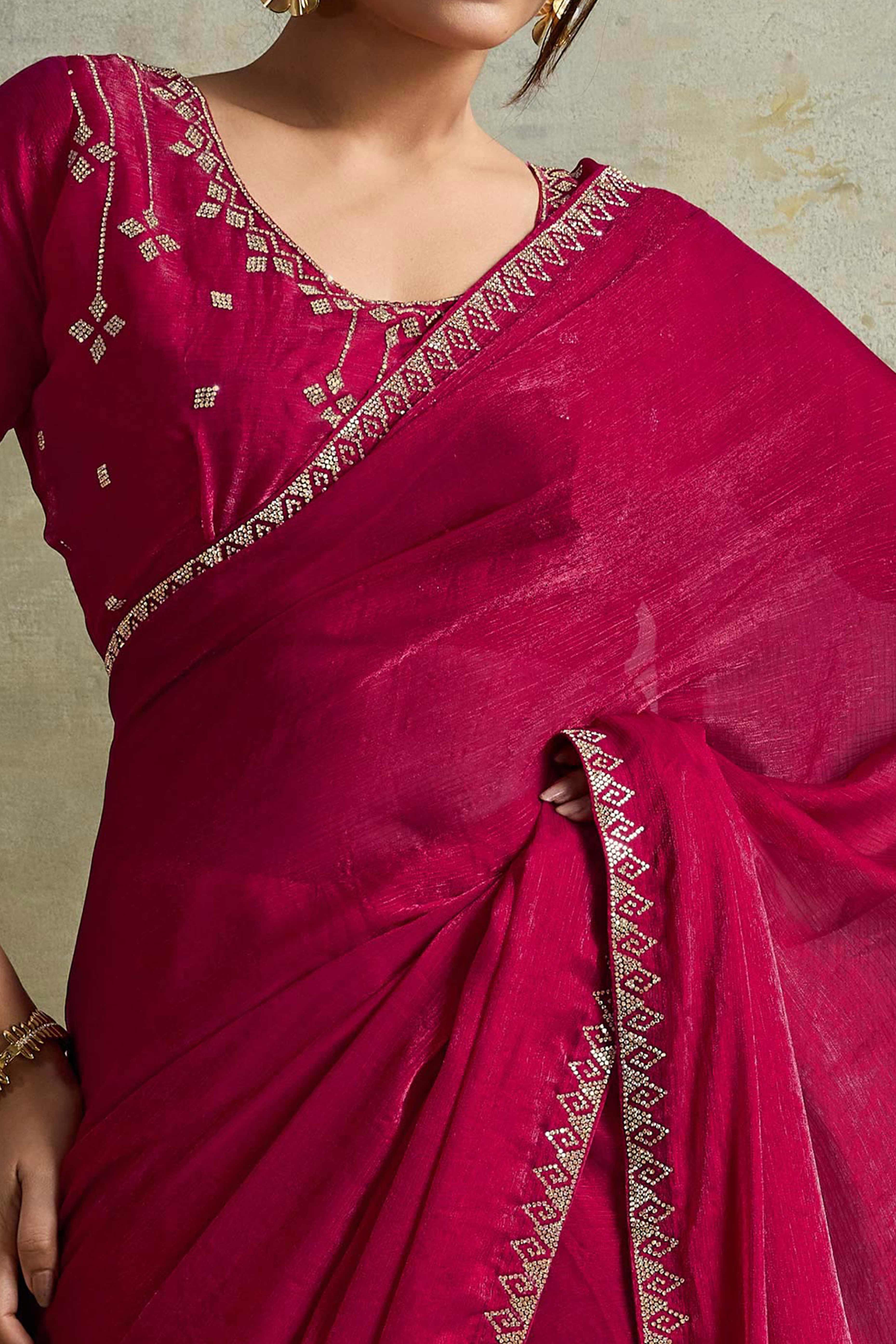 Pink Solid Chiffon Saree With Sparkling Zarkan Border & Latkan Pallu
