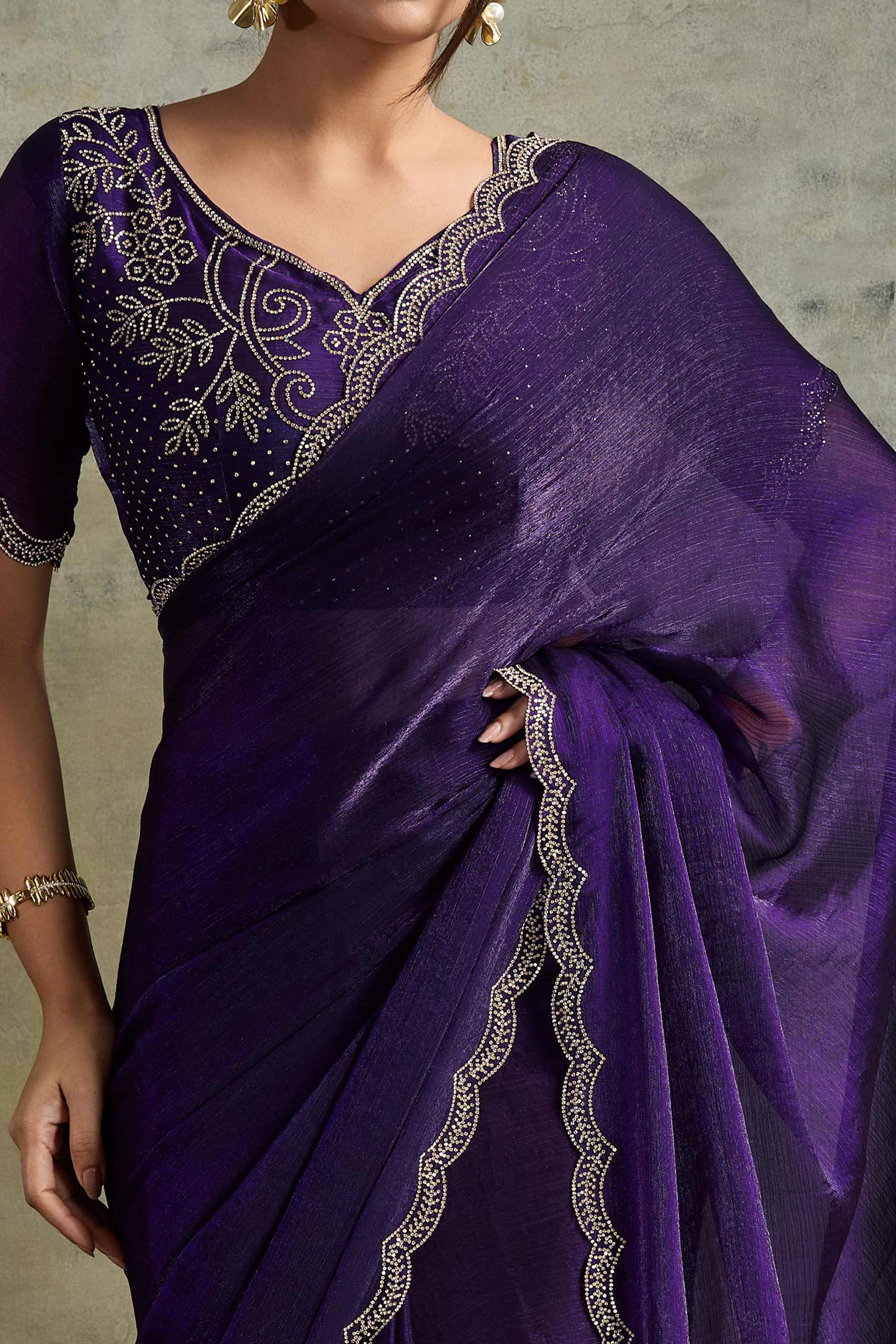 Violet Solid Chiffon Saree With Sparkling Zarkan Border & Latkan Pallu